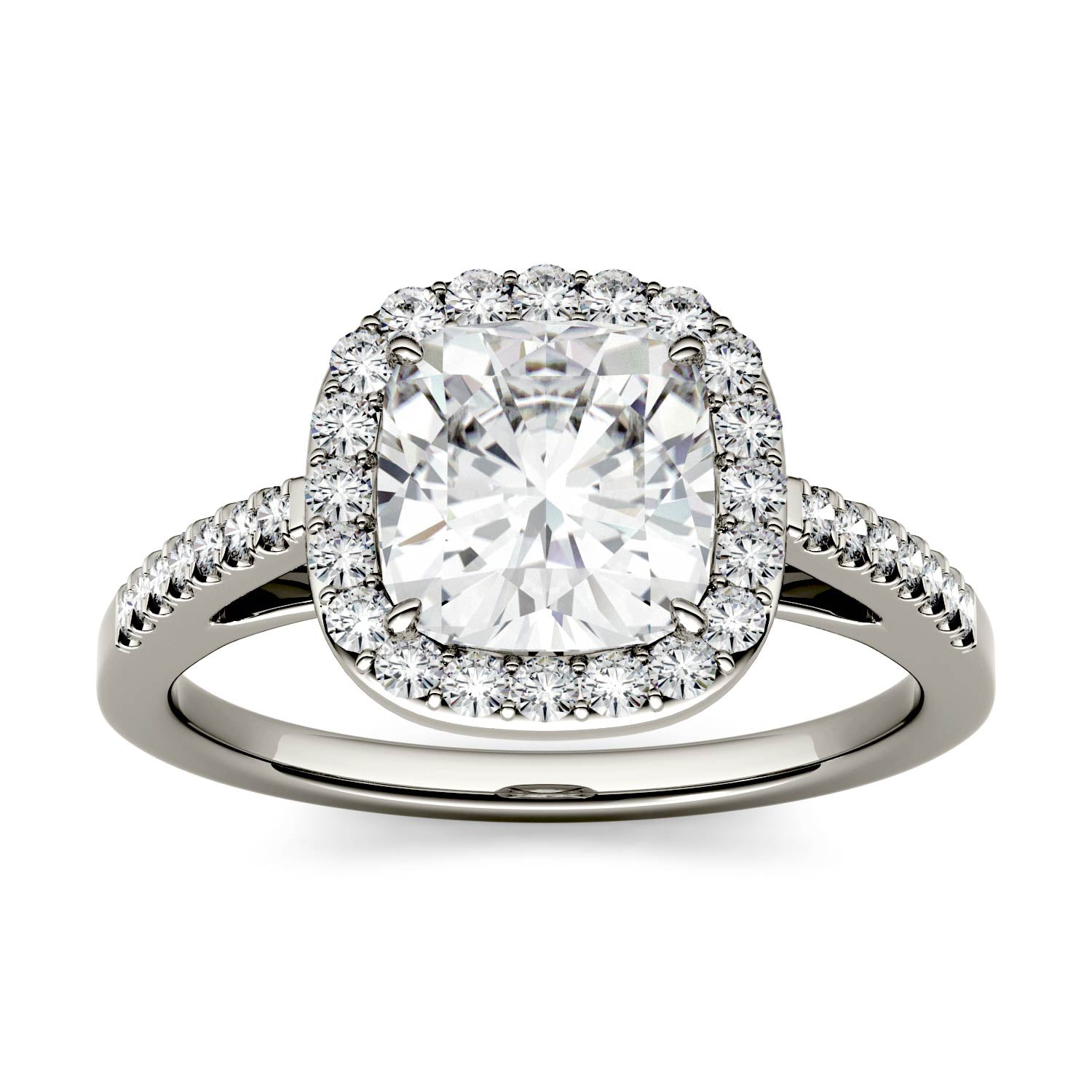 1.97 CTW DEW Cushion Moissanite Halo with Side Accents Engagement Ring in 14K White Gold