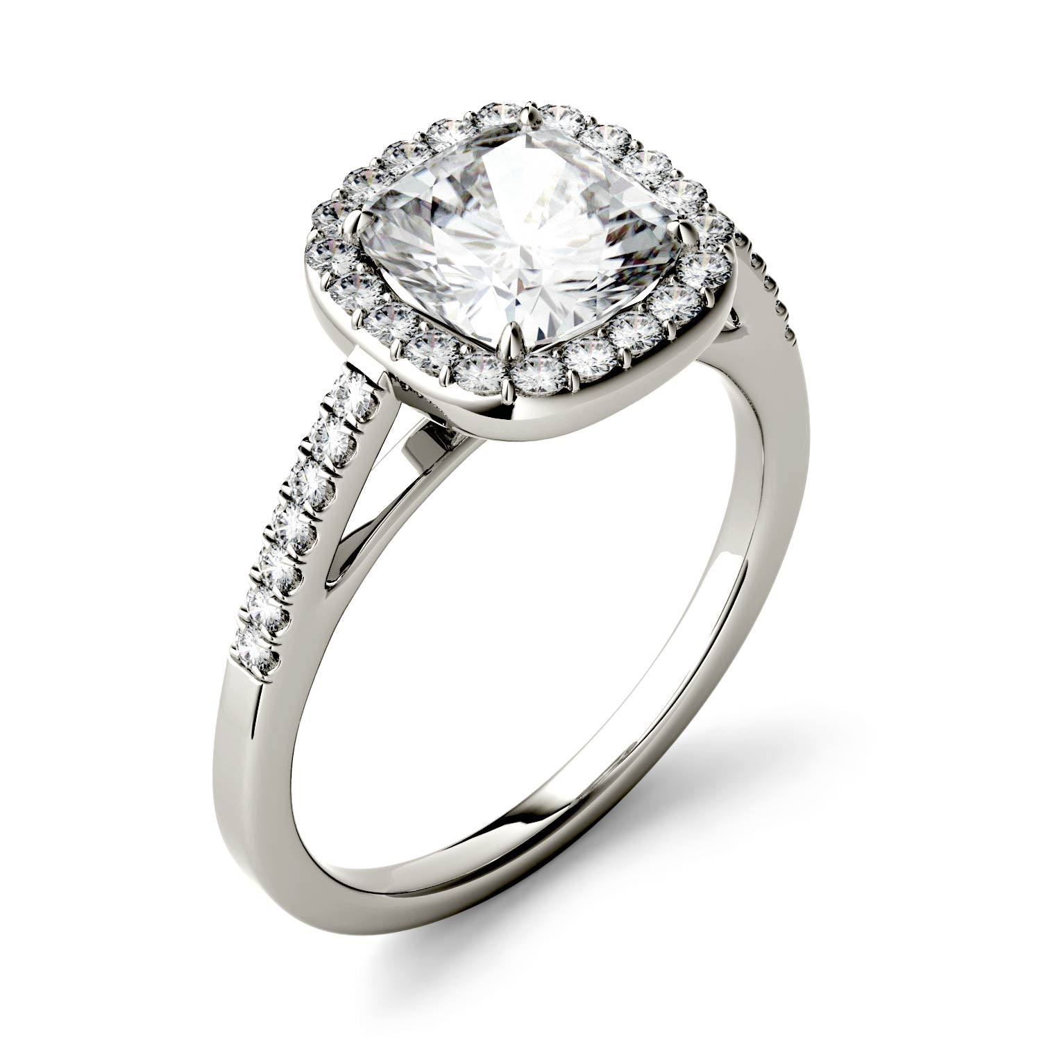 1.97 CTW DEW Cushion Moissanite Halo with Side Accents Engagement Ring in 14K White Gold