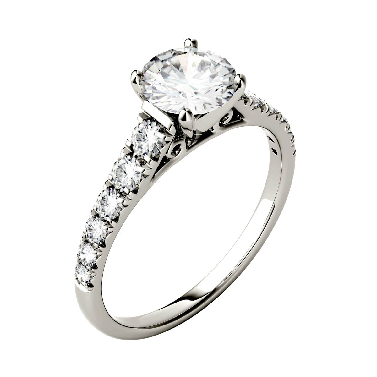 1.29 CTW DEW Round Moissanite Tapered Side-Stone Engagement Ring in 14K White Gold