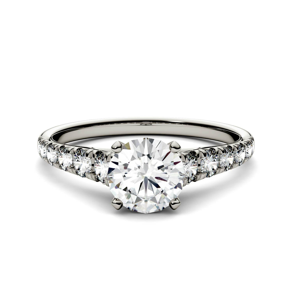 1.29 CTW DEW Round Moissanite Tapered Side-Stone Engagement Ring in 14K White Gold