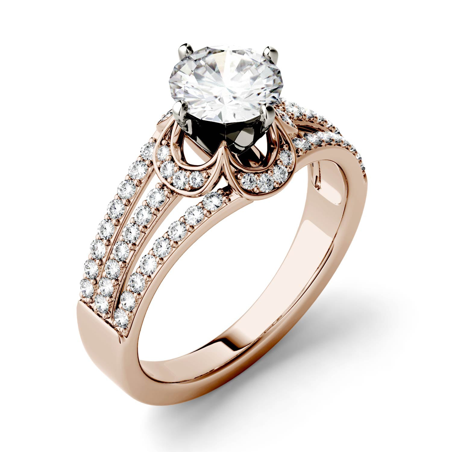 1.58 CTW DEW Round Moissanite Split Shank Floral Solitaire with Side Accents Engagement Ring in 14K Rose Gold