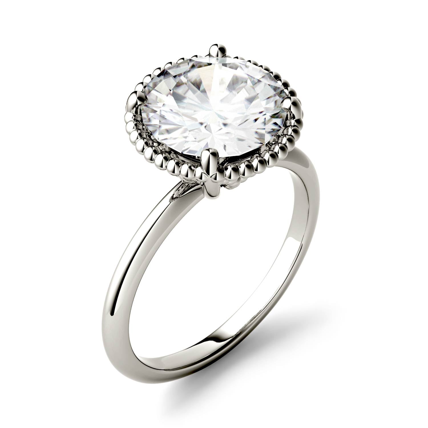 3.60 CTW DEW Round Moissanite Beaded Solitaire Engagement Ring in 14K White Gold