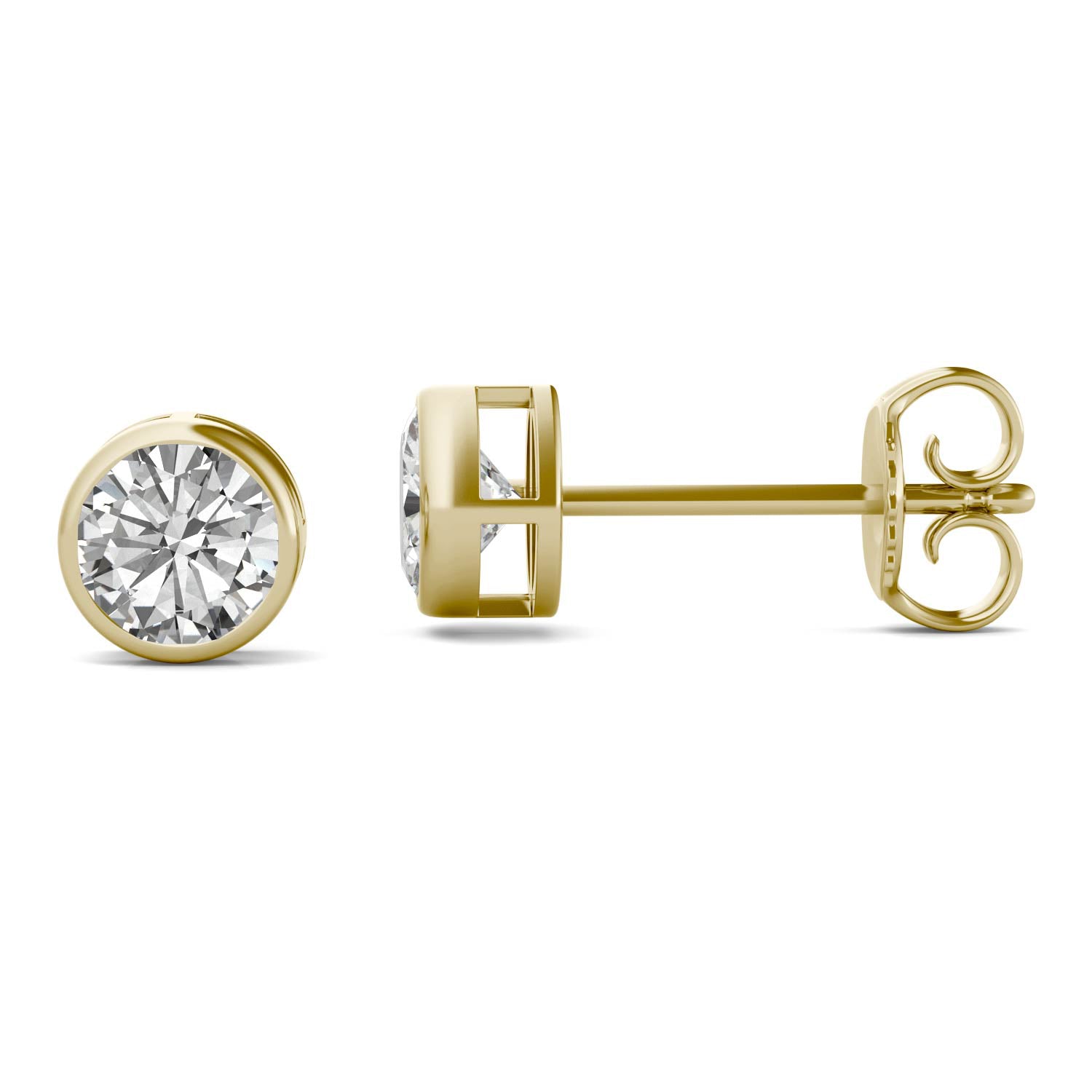 1 CTW DEW Round Moissanite Bezel Earrings 14K Yellow Gold