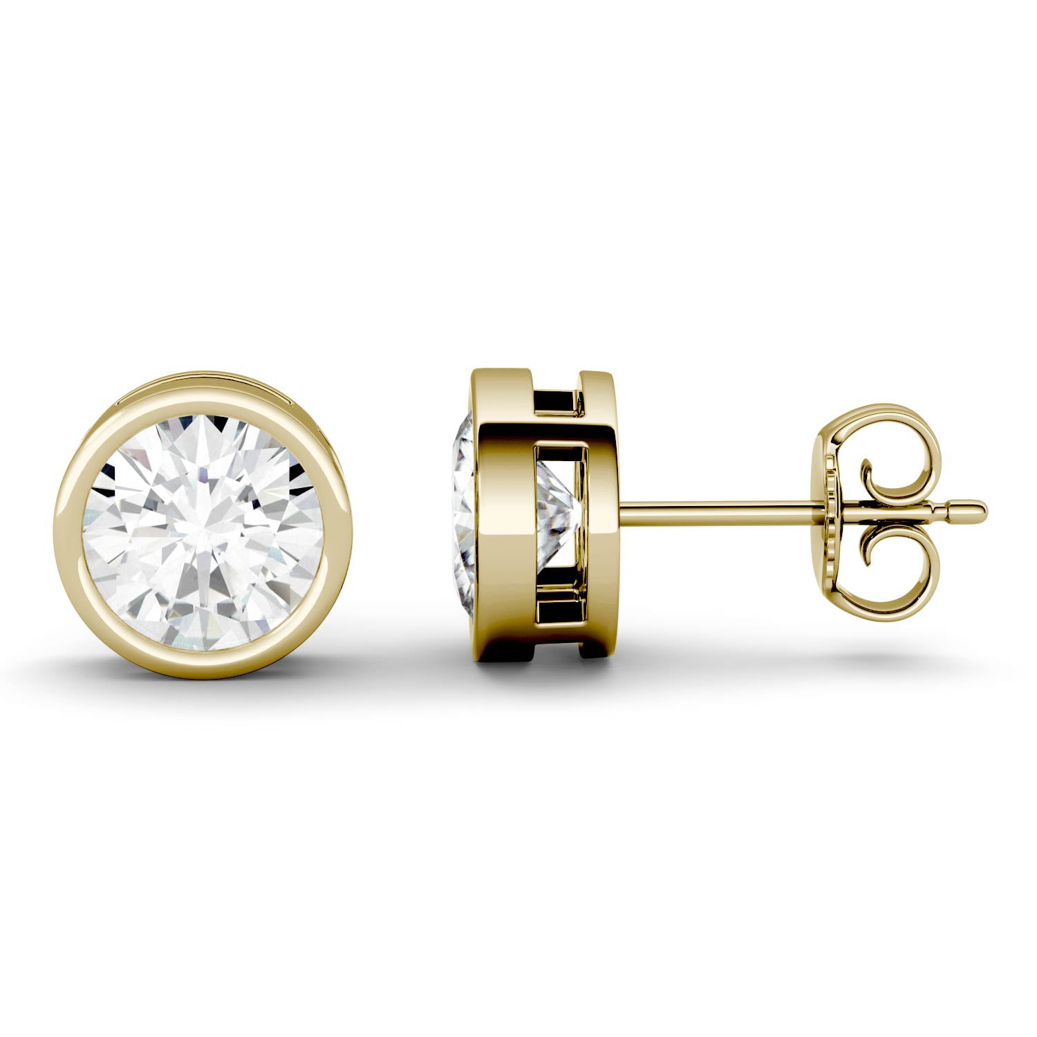 2 CTW DEW Round Moissanite Bezel Earrings 14K Yellow Gold