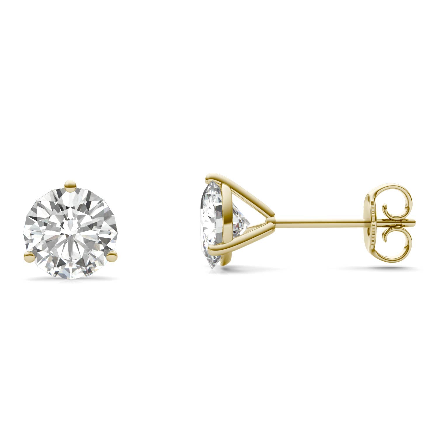 2 CTW DEW Round Moissanite Three-Prong Studs in 14K Yellow Gold