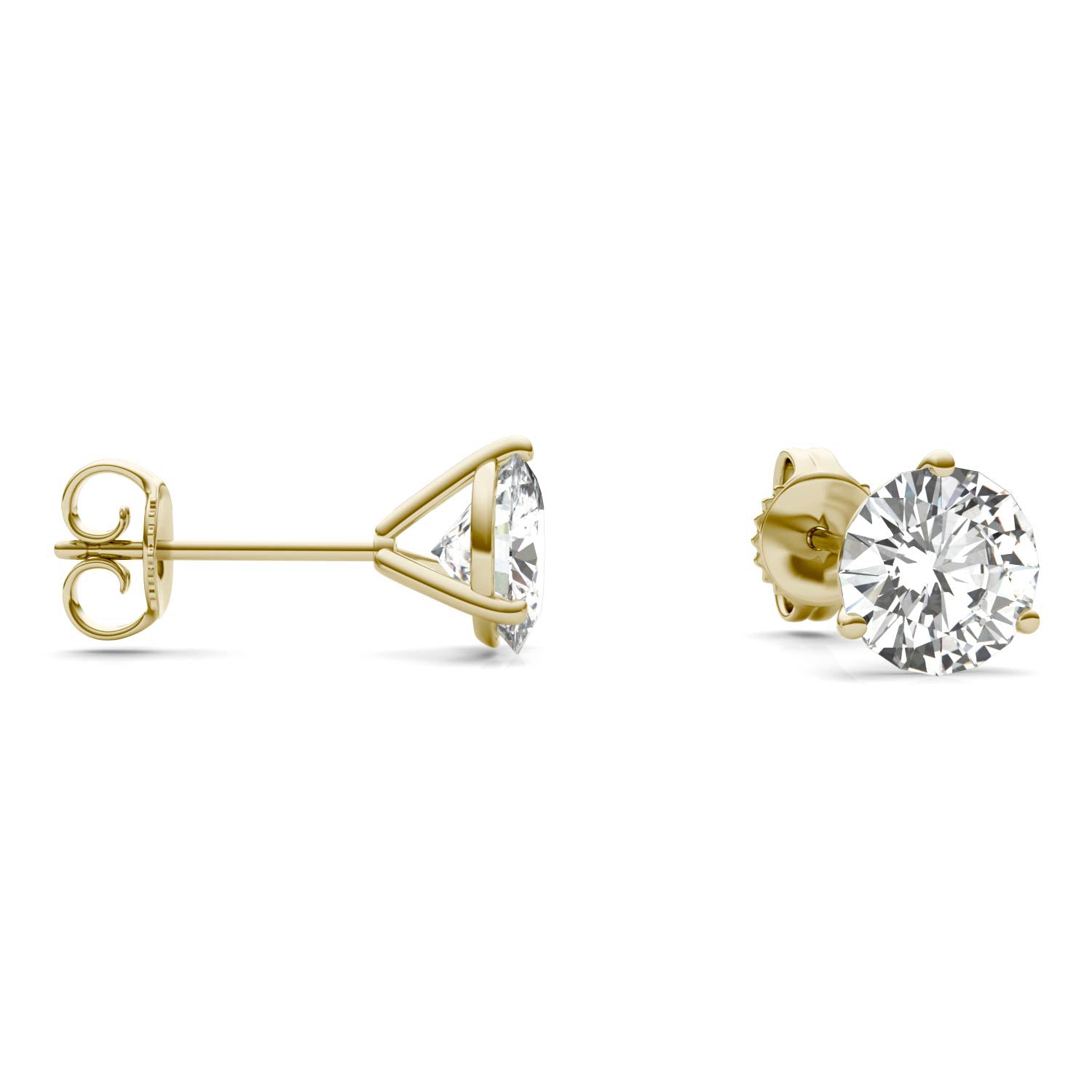 2 CTW DEW Round Moissanite Three-Prong Studs in 14K Yellow Gold