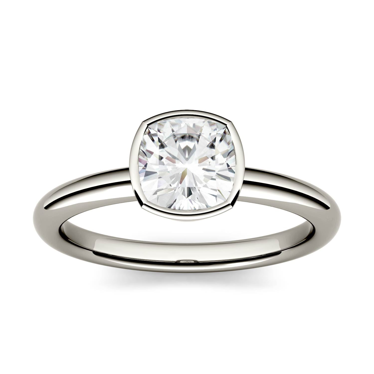 1.10 CTW DEW Cushion Moissanite Bezel Set Solitaire Engagement Ring in 14K White Gold