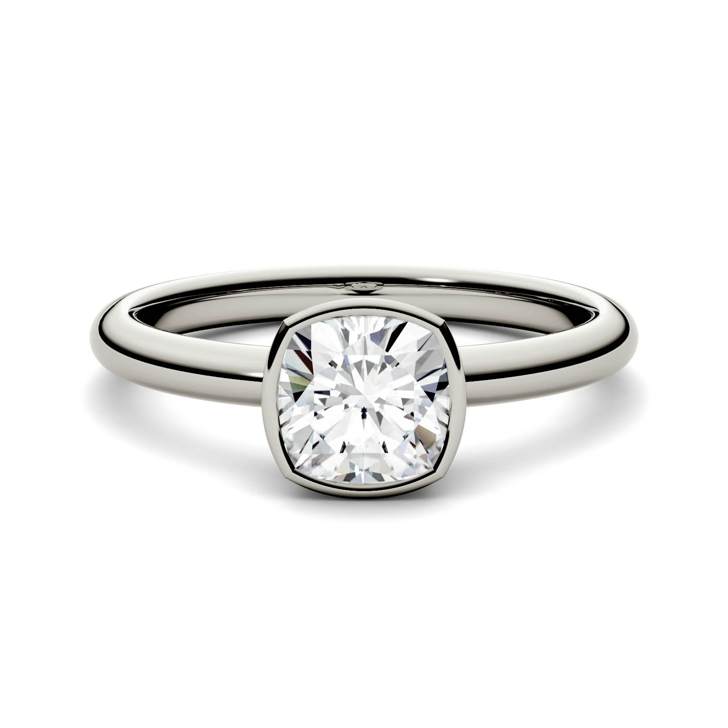 1.10 CTW DEW Cushion Moissanite Bezel Set Solitaire Engagement Ring in 14K White Gold