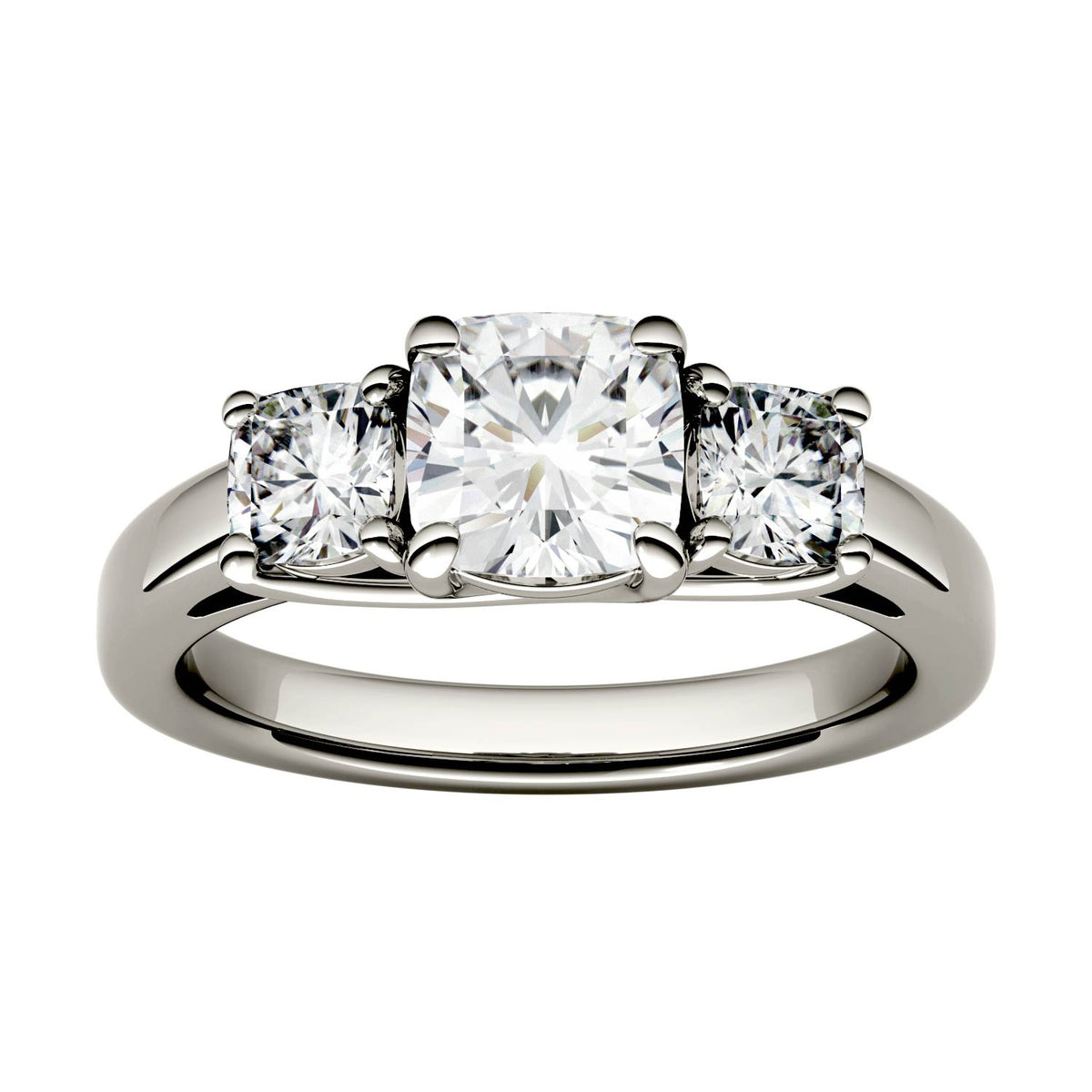 1.76 CTW DEW Cushion Moissanite Three-Stone Ring in 14K White Gold