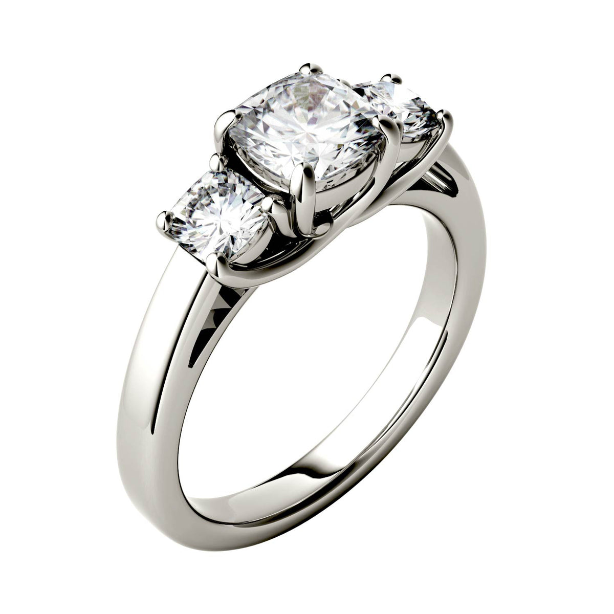 1.76 CTW DEW Cushion Moissanite Three-Stone Ring in 14K White Gold