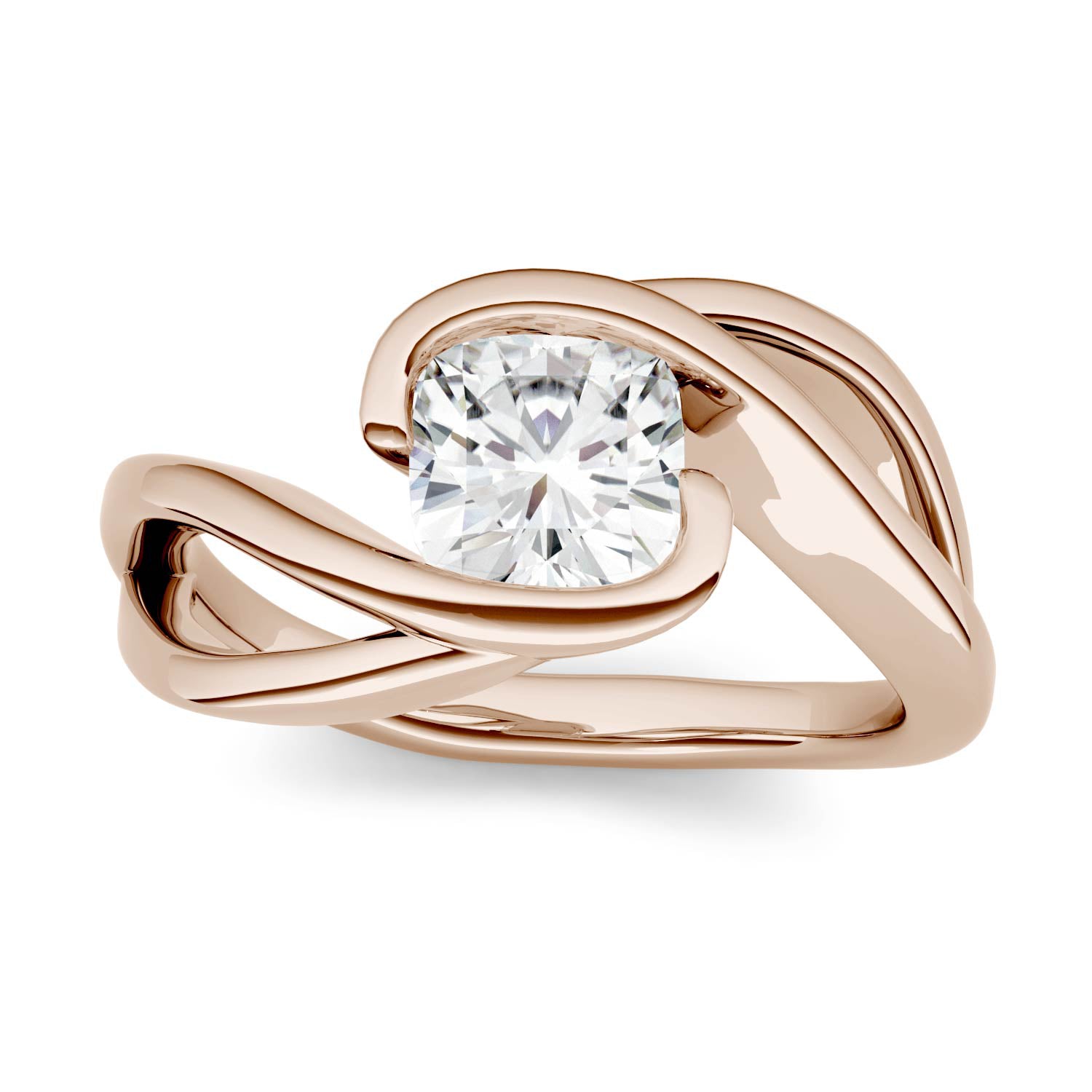 1.10 CTW DEW Cushion Moissanite Swirl Bypass Solitaire Engagement Ring in 14K Rose Gold
