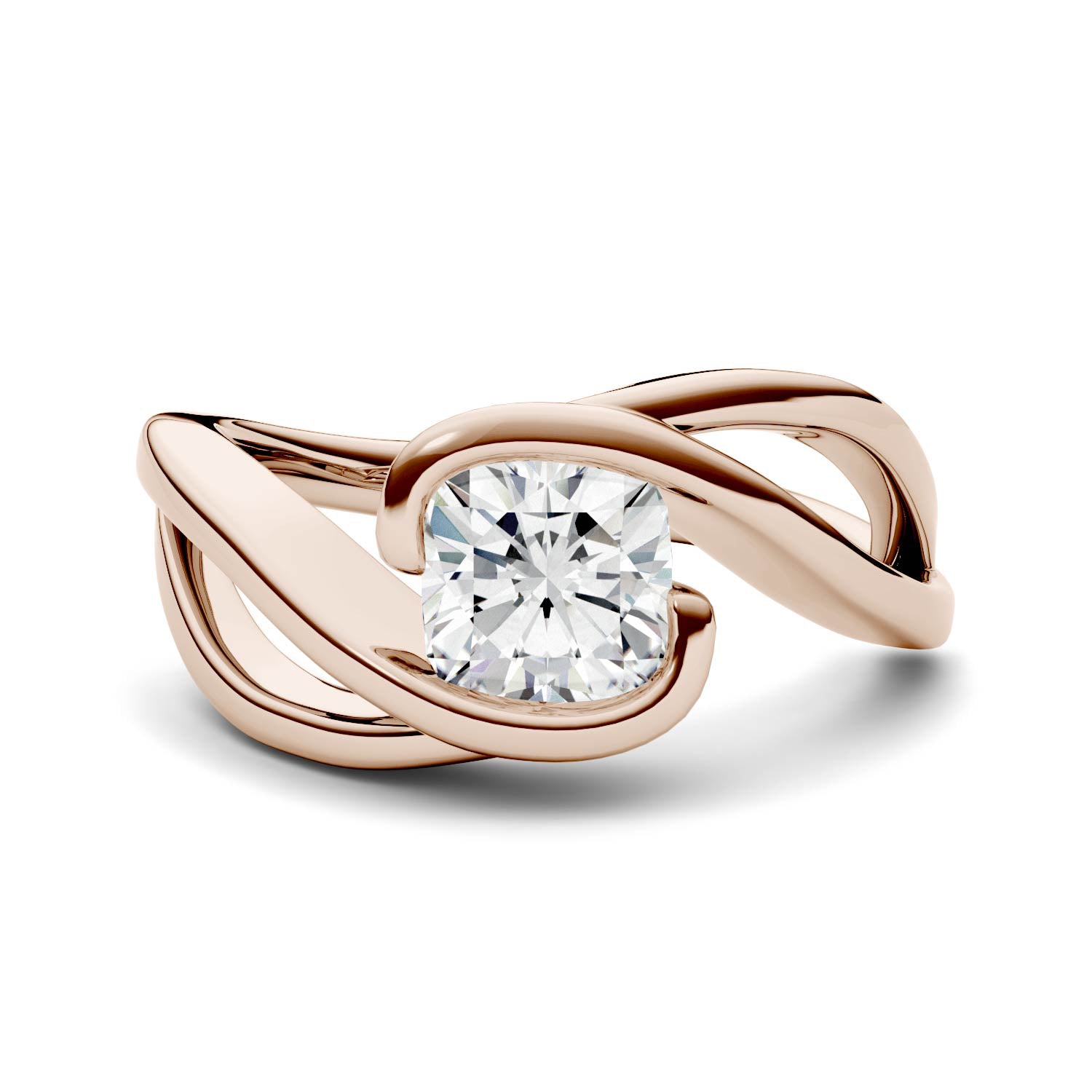 1.10 CTW DEW Cushion Moissanite Swirl Bypass Solitaire Engagement Ring in 14K Rose Gold