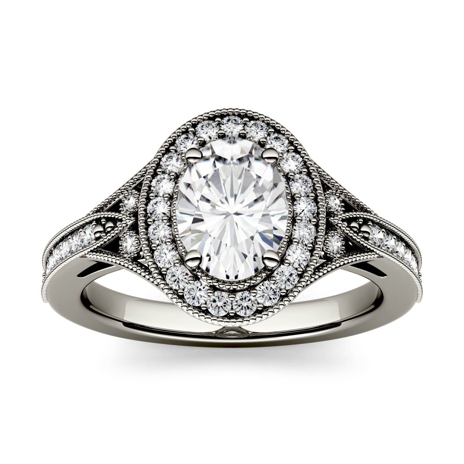 1.15 CTW DEW Oval Moissanite Milgrain Halo with Side Accents Engagement Ring in 14K White Gold