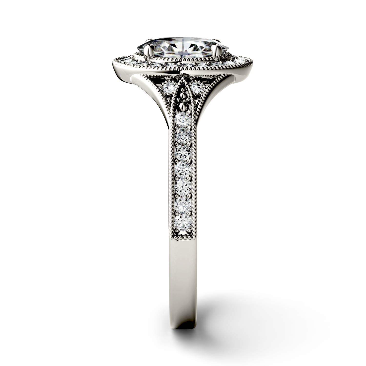 1.15 CTW DEW Oval Moissanite Milgrain Halo with Side Accents Engagement Ring in 14K White Gold