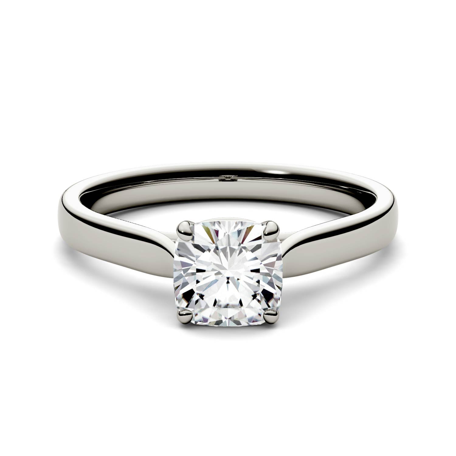 1.10 CTW DEW Cushion Moissanite Solitaire Cathedral Engagement Ring in 14K White Gold