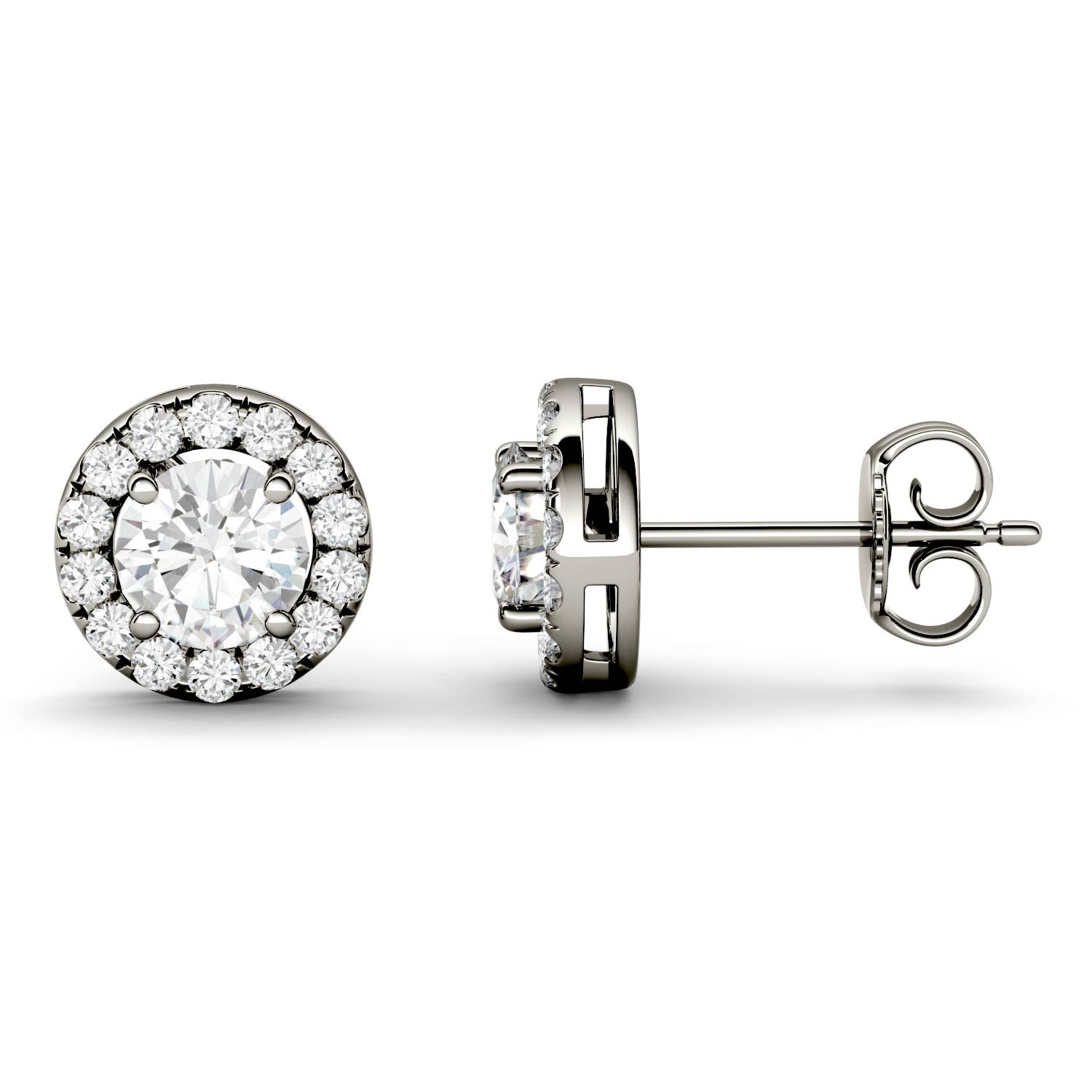 1.28 CTW DEW Round Moissanite Halo Studs in 14K White Gold
