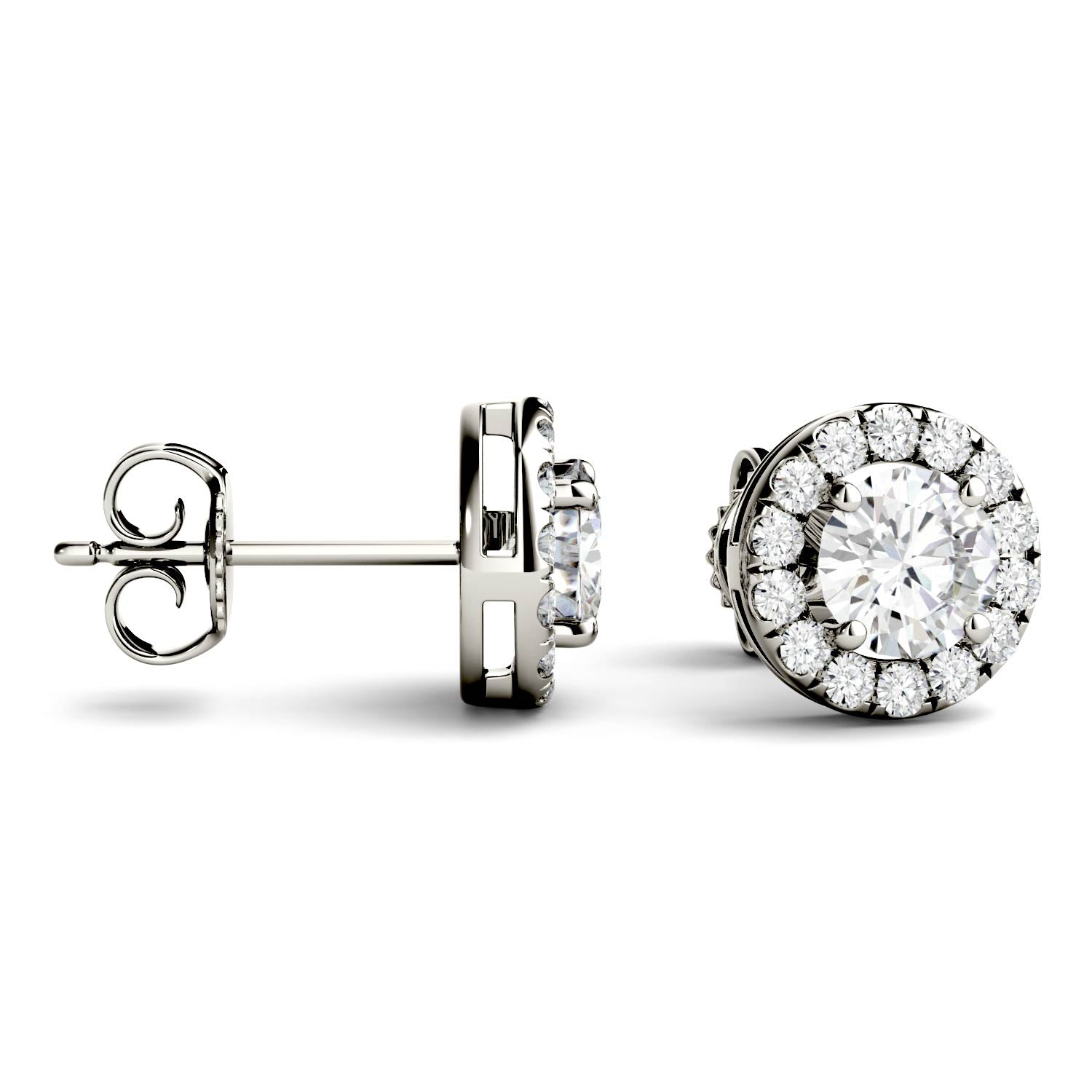 1.28 CTW DEW Round Moissanite Halo Studs in 14K White Gold