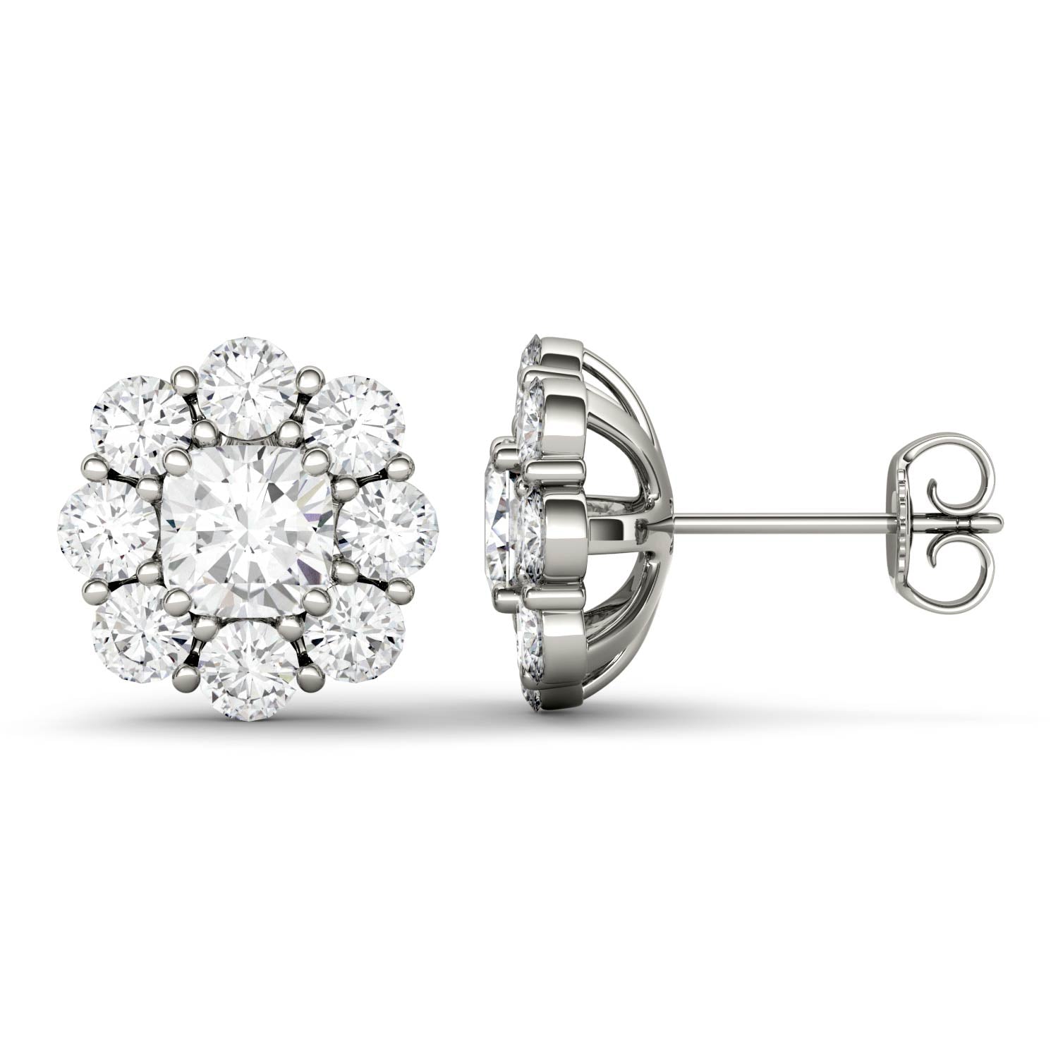 3.20 CTW DEW Cushion Halo Floral Stud in 14K White Gold