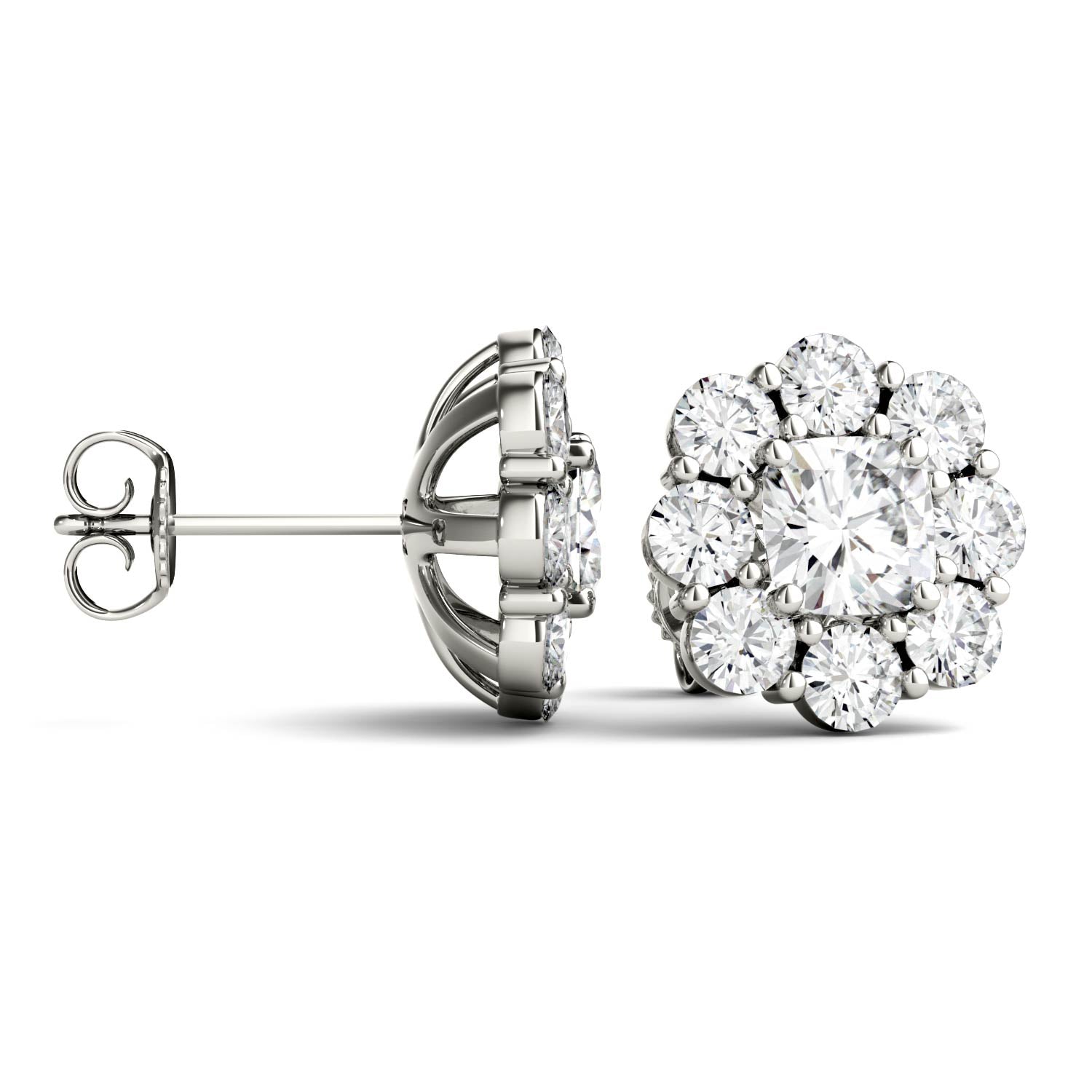 3.20 CTW DEW Cushion Halo Floral Stud in 14K White Gold