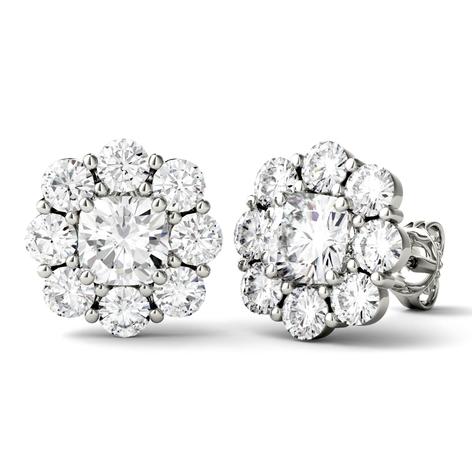 3.20 CTW DEW Cushion Halo Floral Stud in 14K White Gold