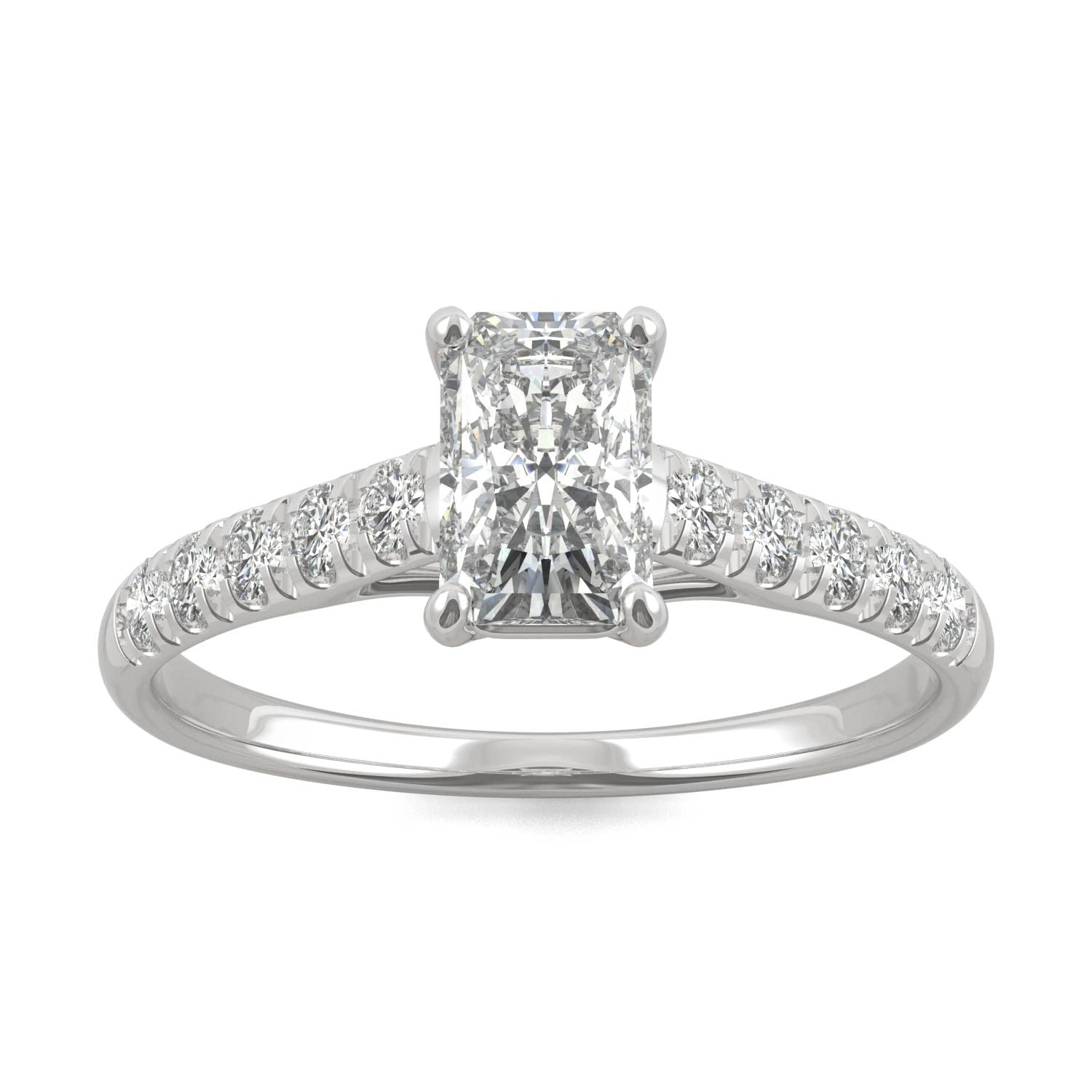 1.43 CTW DEW Radiant Moissanite Solitaire with Side Accents Engagement Ring in 14K White Gold