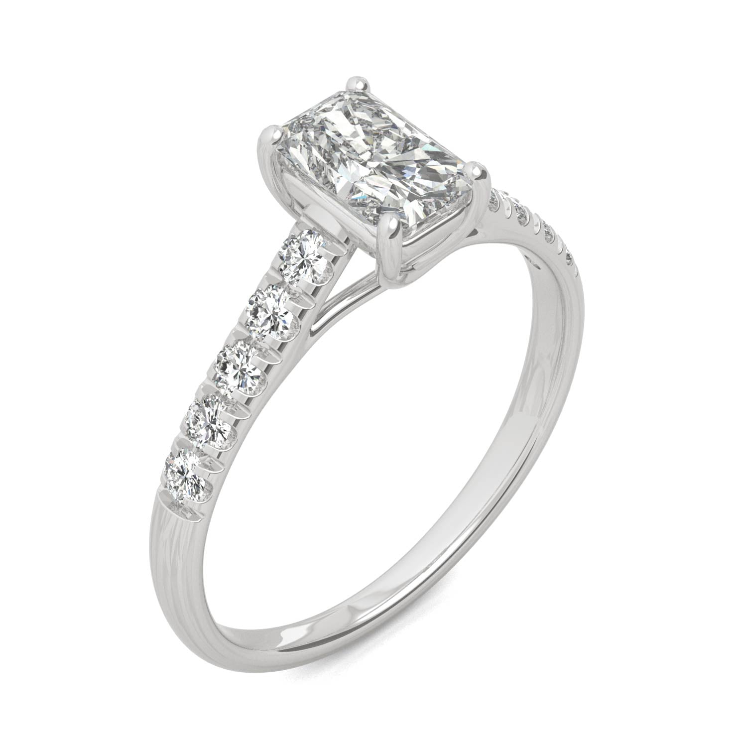 1.43 CTW DEW Radiant Moissanite Solitaire with Side Accents Engagement Ring in 14K White Gold