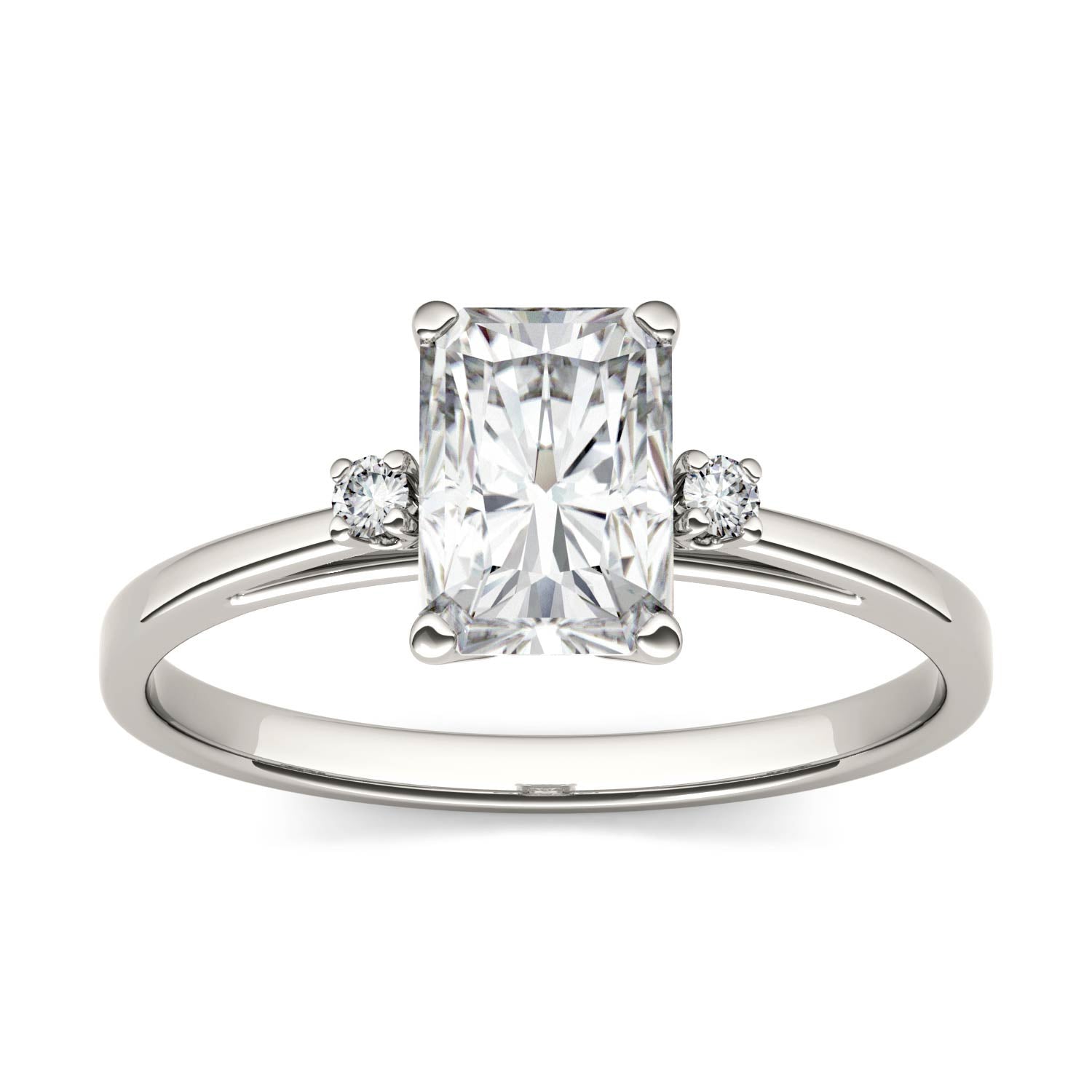1.82 CTW DEW Radiant Forever One Moissanite Solitaire with Side Accents Engagement Ring in 14K White Gold,