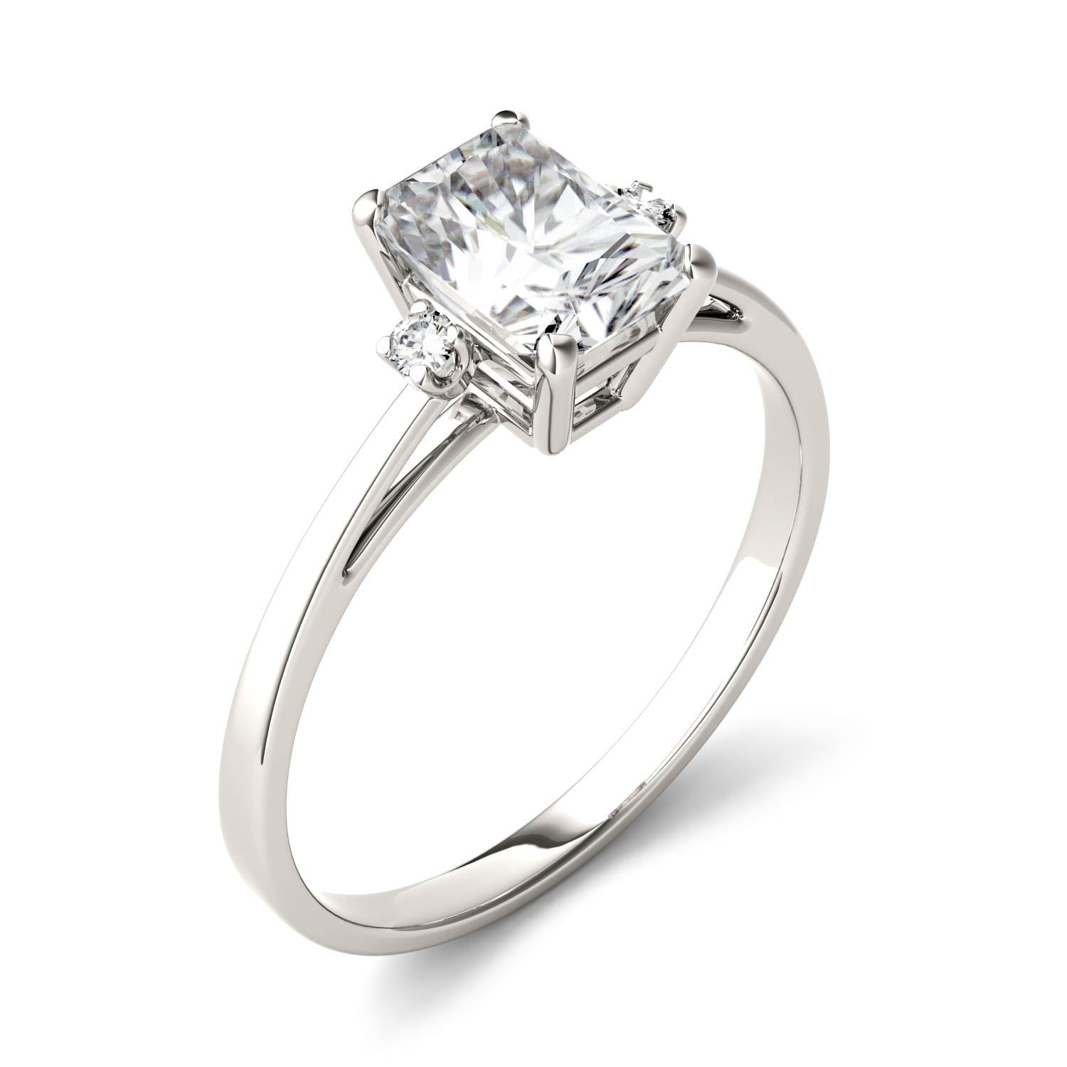 1.82 CTW DEW Radiant Forever One Moissanite Solitaire with Side Accents Engagement Ring in 14K White Gold,