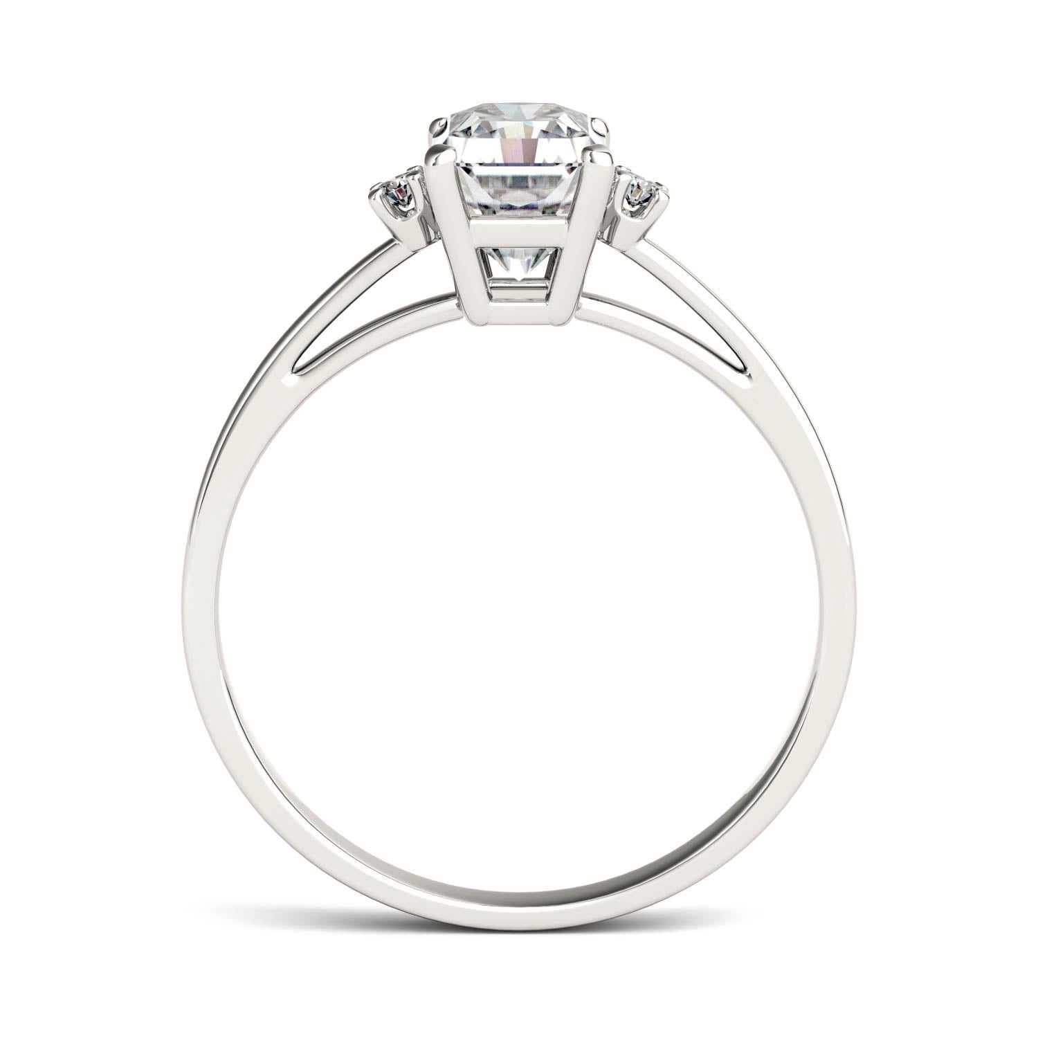1.82 CTW DEW Radiant Forever One Moissanite Solitaire with Side Accents Engagement Ring in 14K White Gold,