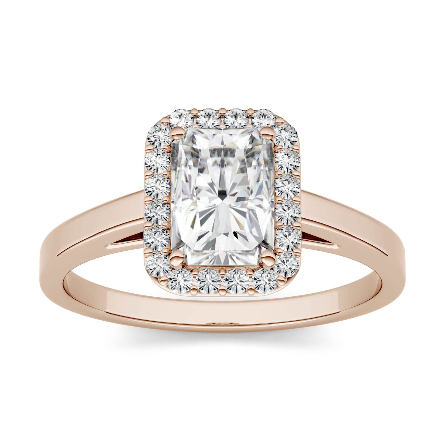 1.98 CTW DEW Radiant Moissanite Halo Engagement Ring in 14K Rose Gold