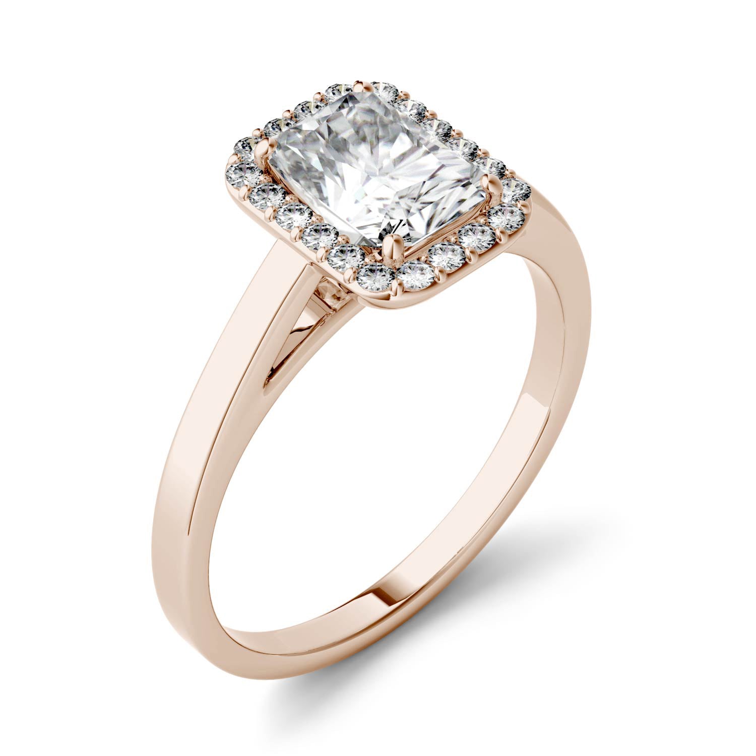 1.98 CTW DEW Radiant Moissanite Halo Engagement Ring in 14K Rose Gold