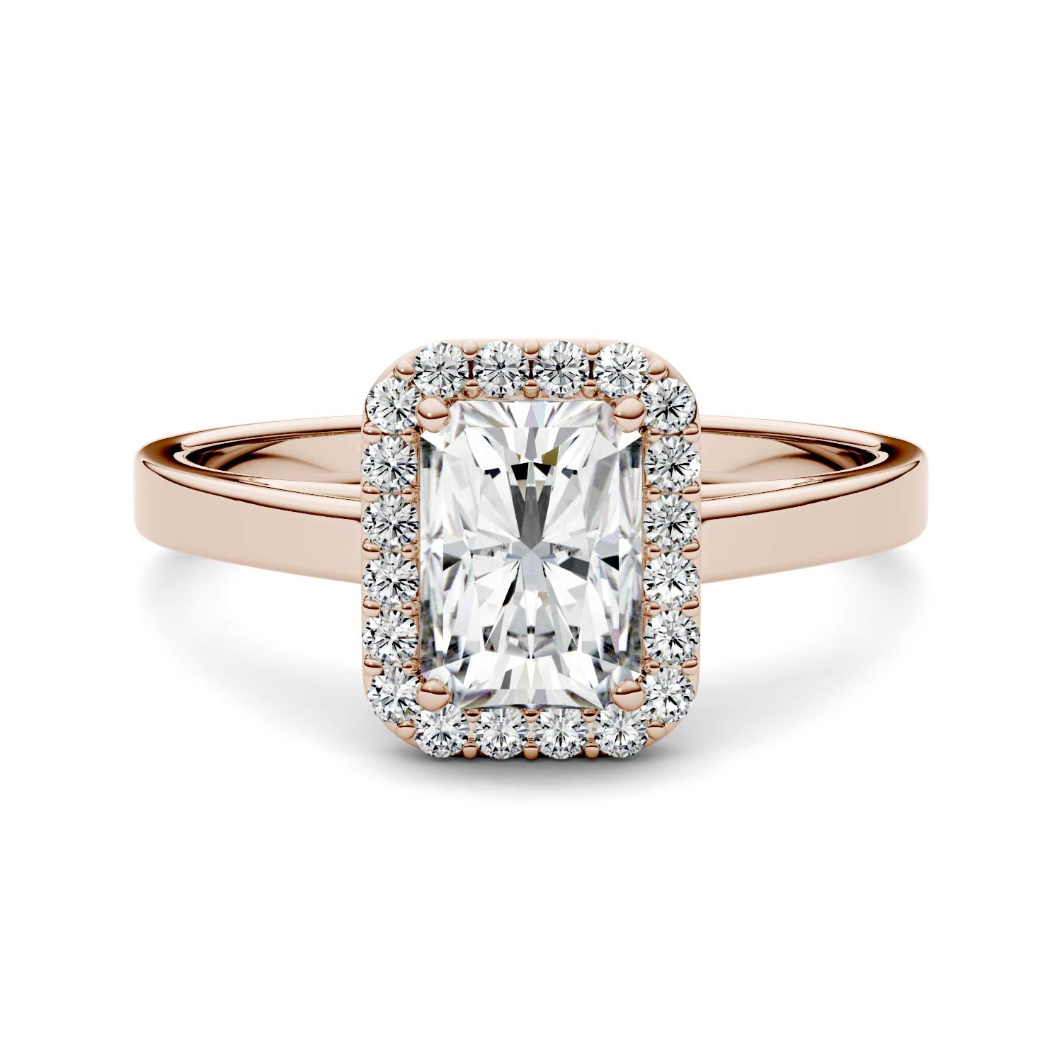 1.98 CTW DEW Radiant Moissanite Halo Engagement Ring in 14K Rose Gold