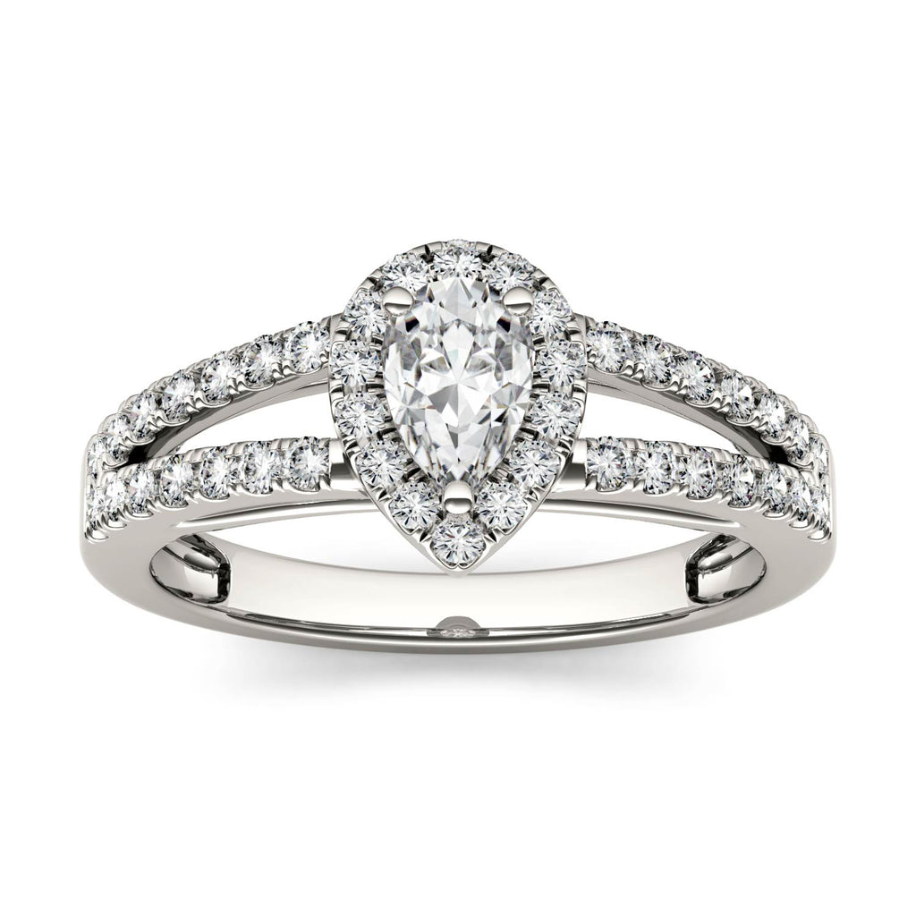 0.96 CTW DEW Pear Side Stone Split Shank Halo Engagement Ring 14K White Gold