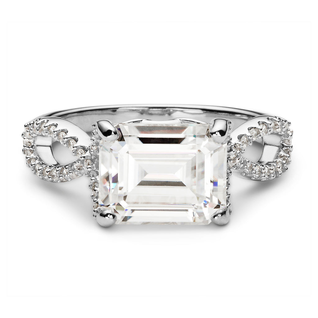 3.80 CTW DEW Emerald East West Twist Side Stone Engagement Ring 14K White Gold