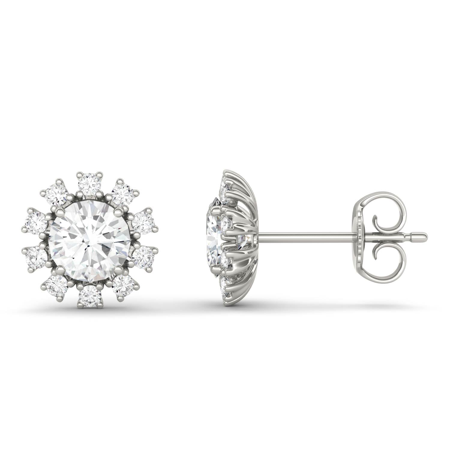 1.25 CTW DEW Round Moissanite Sunburst Halo Earrings in 14K White Gold