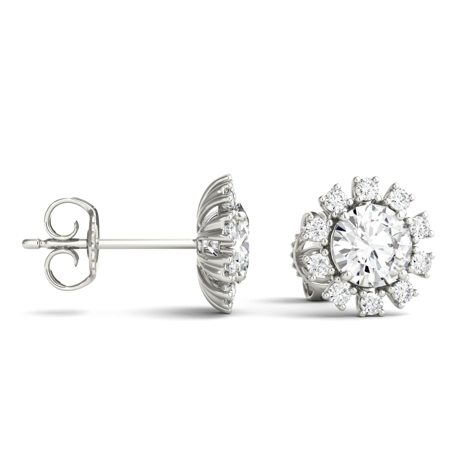 1.25 CTW DEW Round Moissanite Sunburst Halo Earrings in 14K White Gold