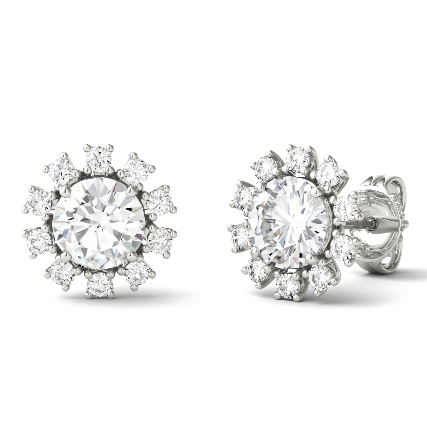 1.25 CTW DEW Round Moissanite Sunburst Halo Earrings in 14K White Gold