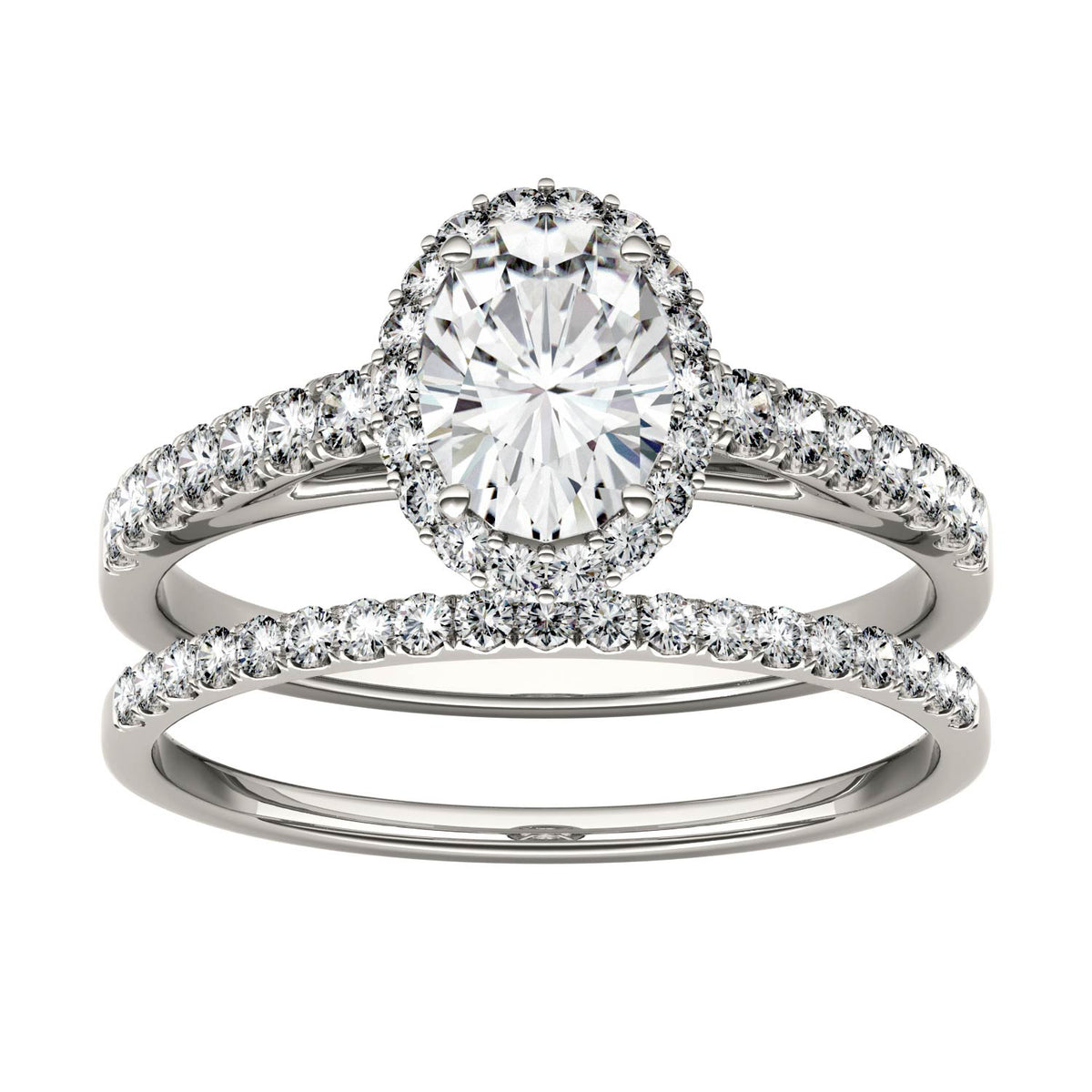 1.28 CTW DEW Oval Moissanite Side-Stone Halo Bridal Set in 14K White Gold