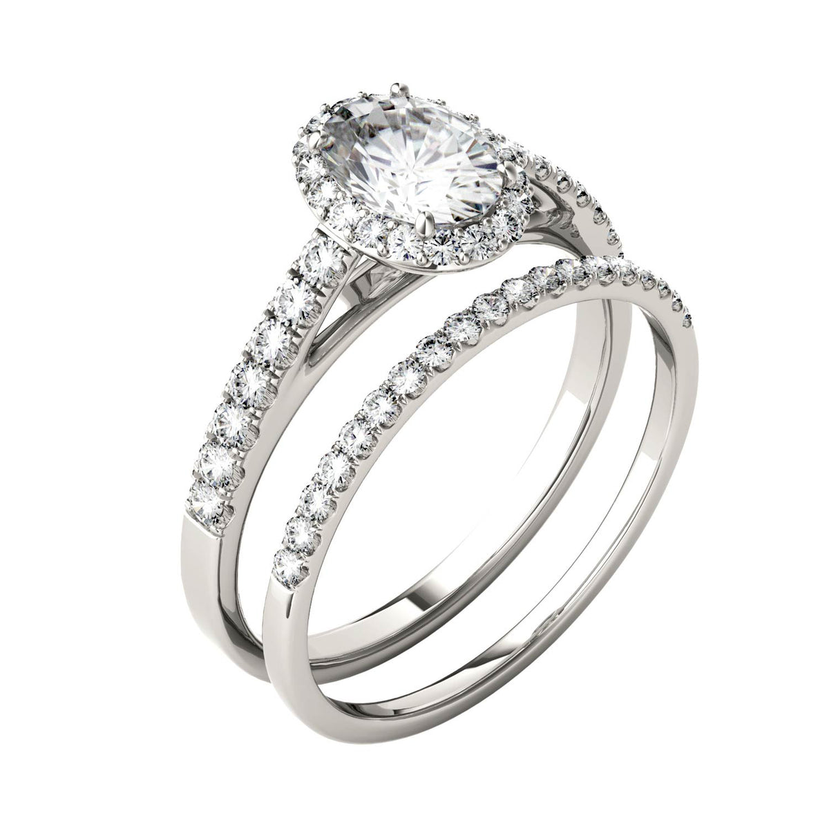 1.28 CTW DEW Oval Moissanite Side-Stone Halo Bridal Set in 14K White Gold