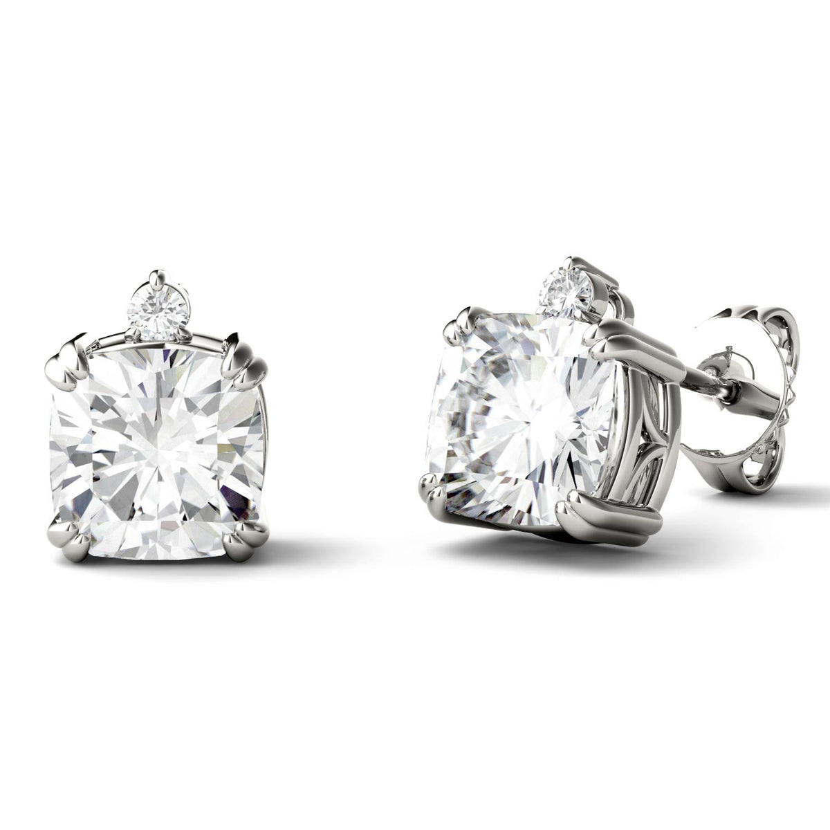 2.24 CTW DEW Cushion Near-Colorless Moissanite Accented Stud Earrings in 14K White Gold