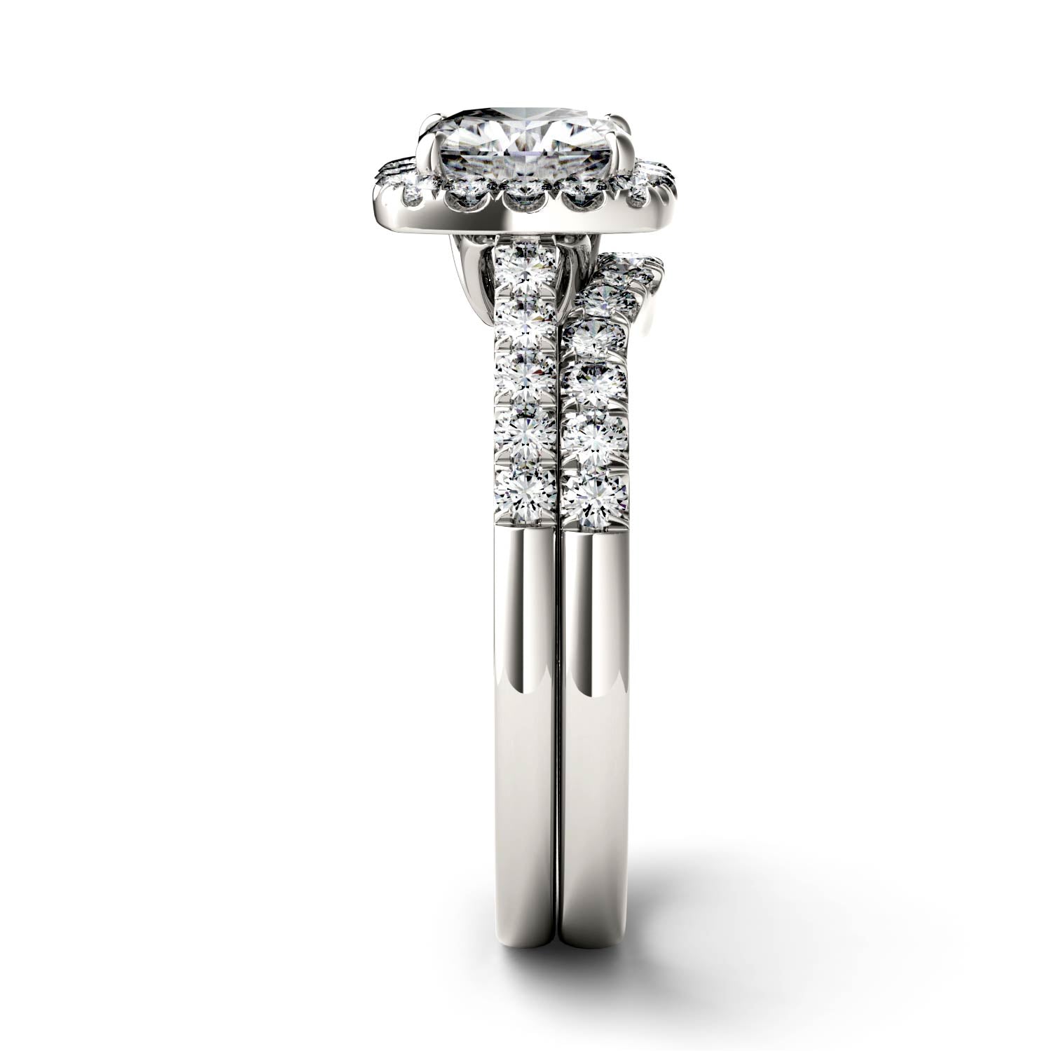 1.88 CTW DEW Cushion Moissanite Halo Bridal Set in 14K White Gold