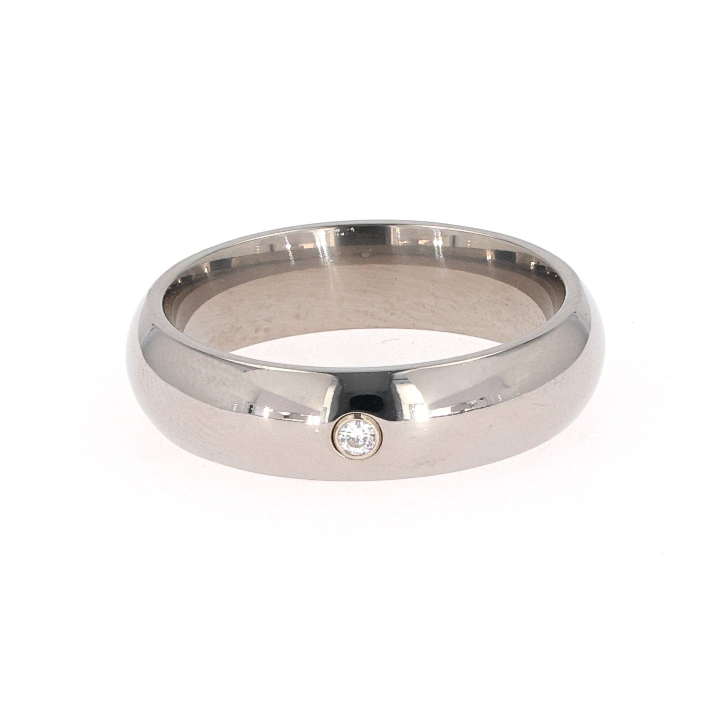 0.03 CTW DEW Round Moissanite Bezel Comfort Fit Wedding Band in Titanium