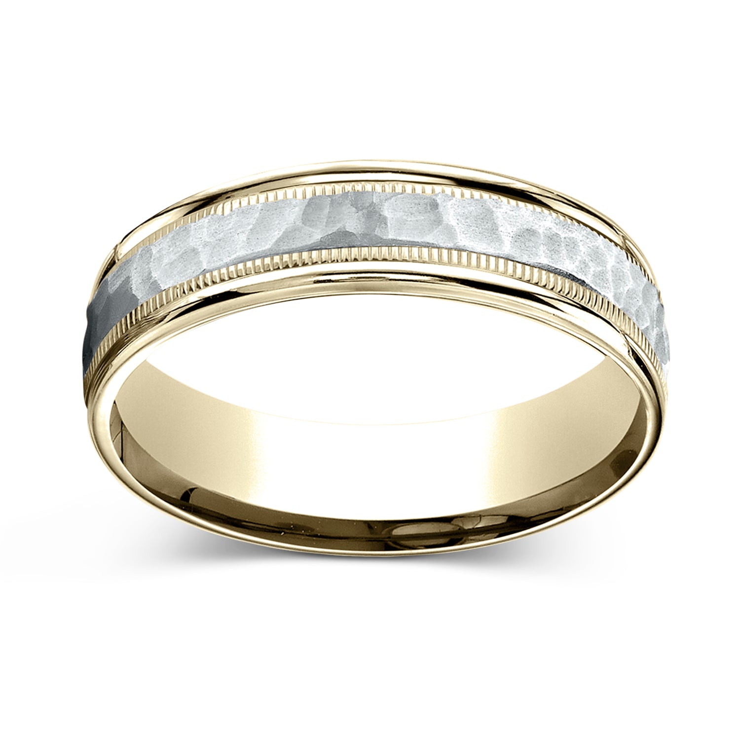 Hammered Center Finish with Milgrain Edges 6.0mm Wedding Band in 14K Two-Tone Gold