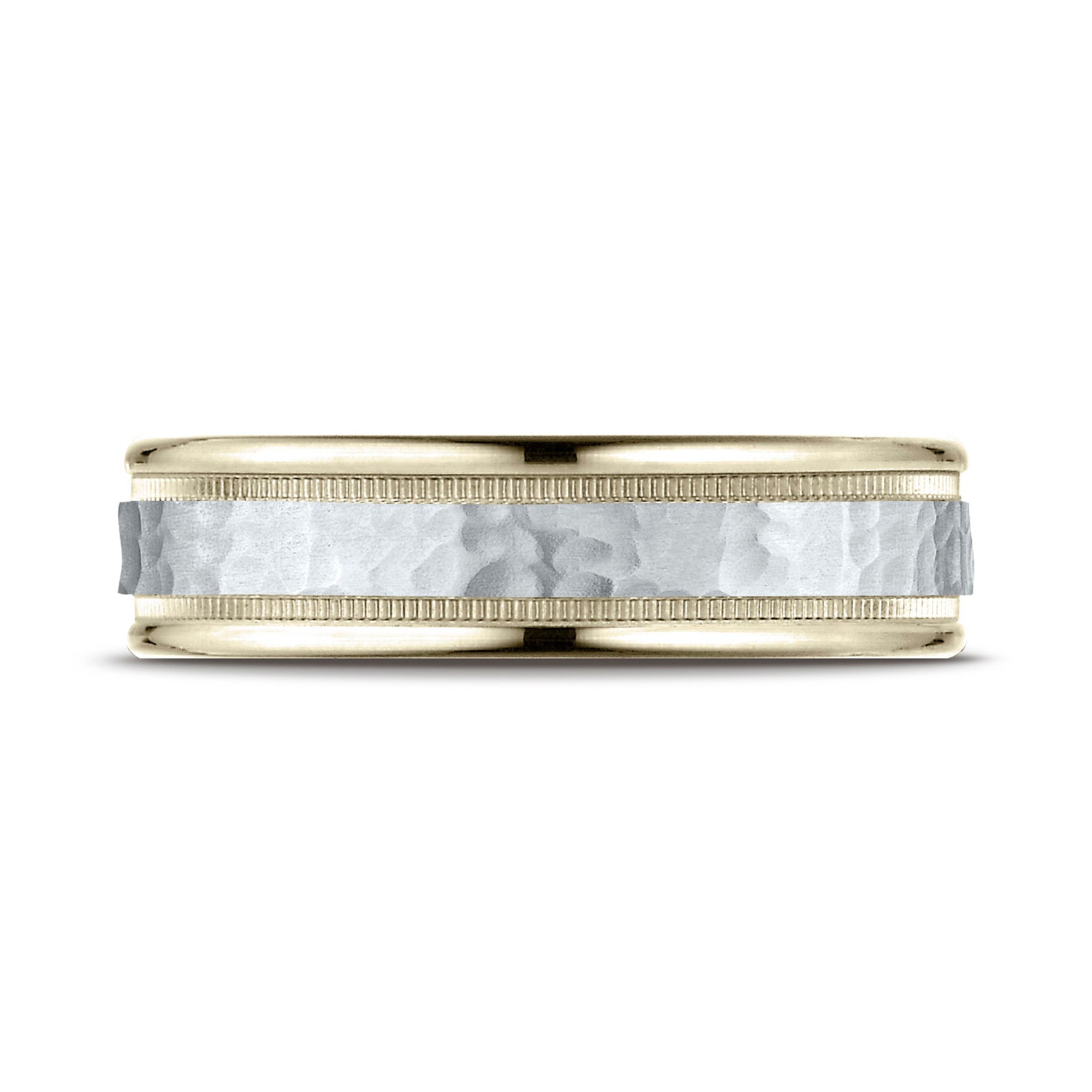 Hammered Center Finish with Milgrain Edges 6.0mm Wedding Band in 14K Two-Tone Gold