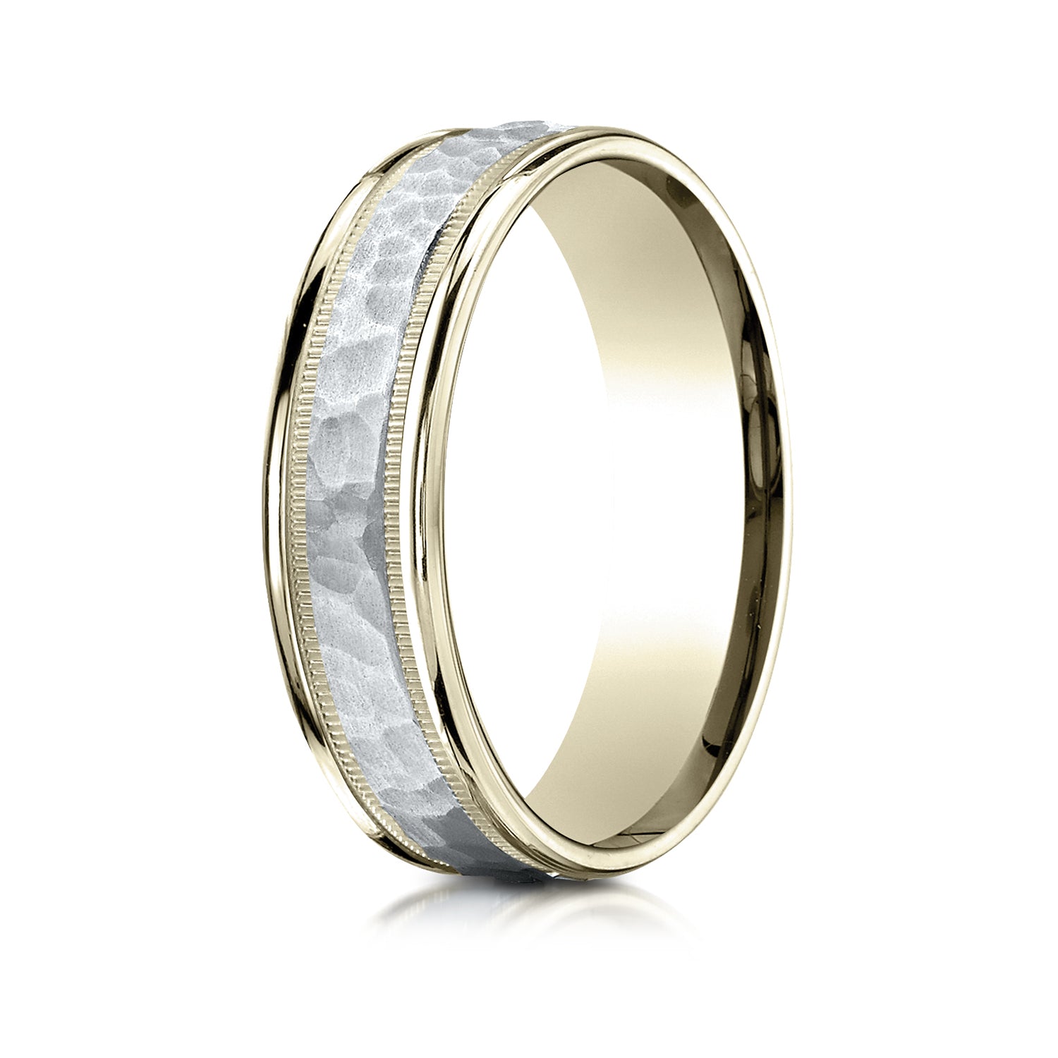 Hammered Center Finish with Milgrain Edges 6.0mm Wedding Band in 14K Two-Tone Gold