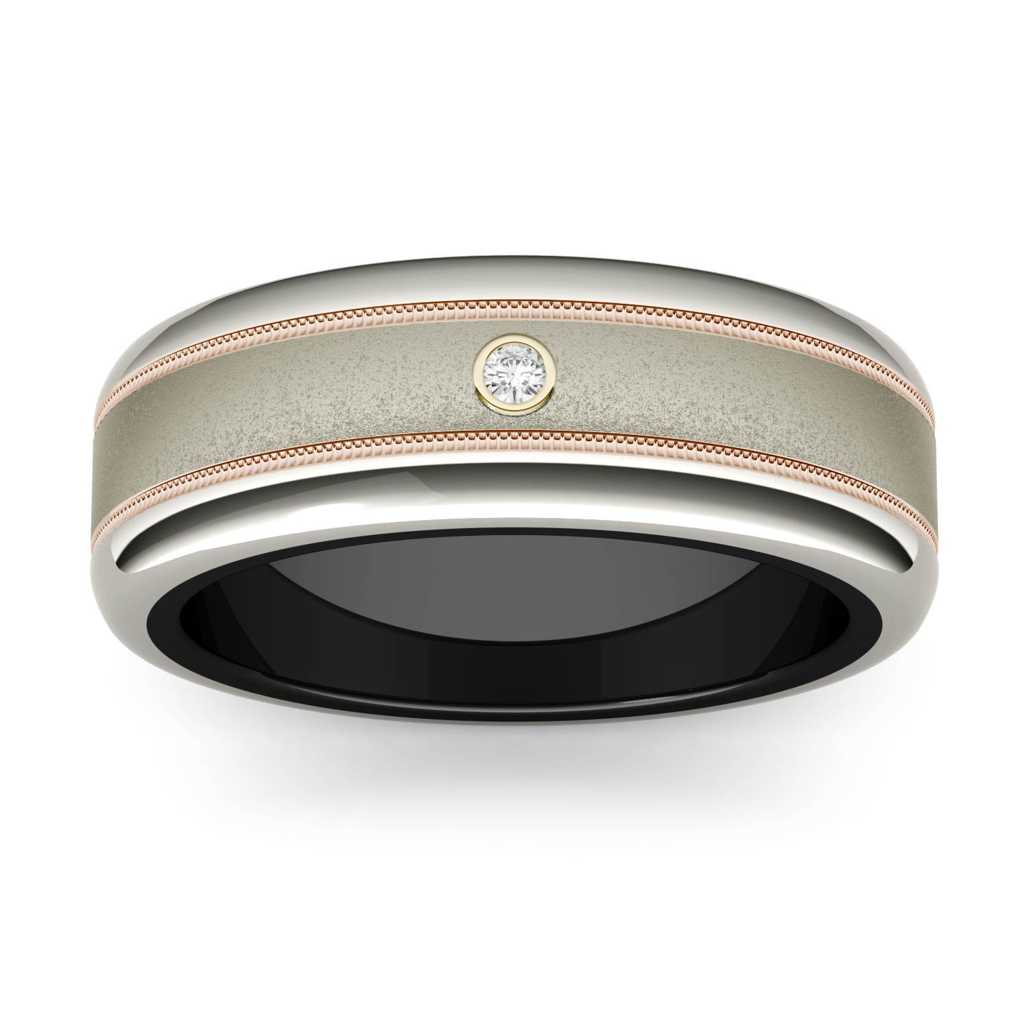 0.03 CTW DEW Bezel Set Center with Parallel Carved Border Titanium Men's Band