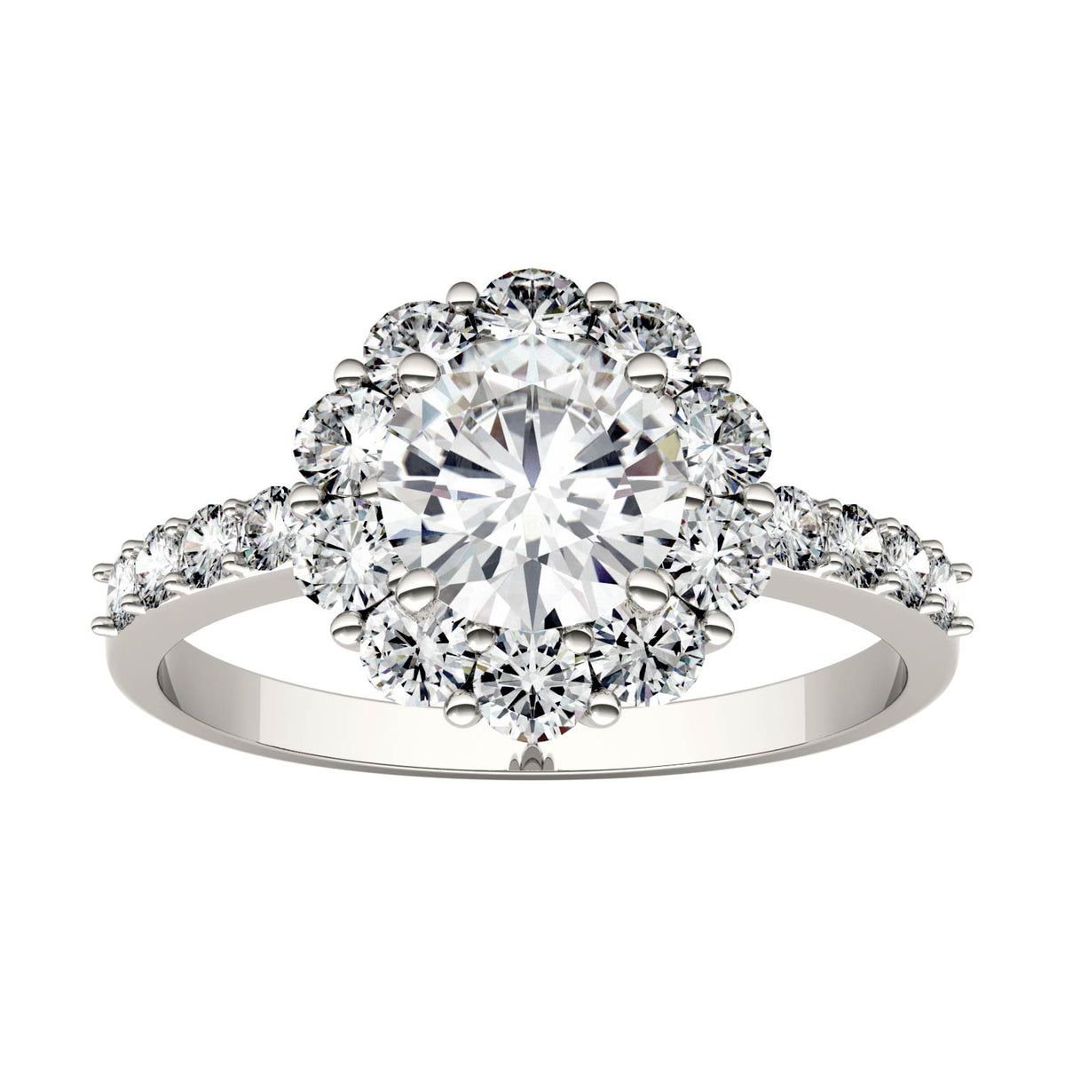 1.78 CTW DEW Round Moissanite Flower Halo Engagement Ring in 14K White Gold