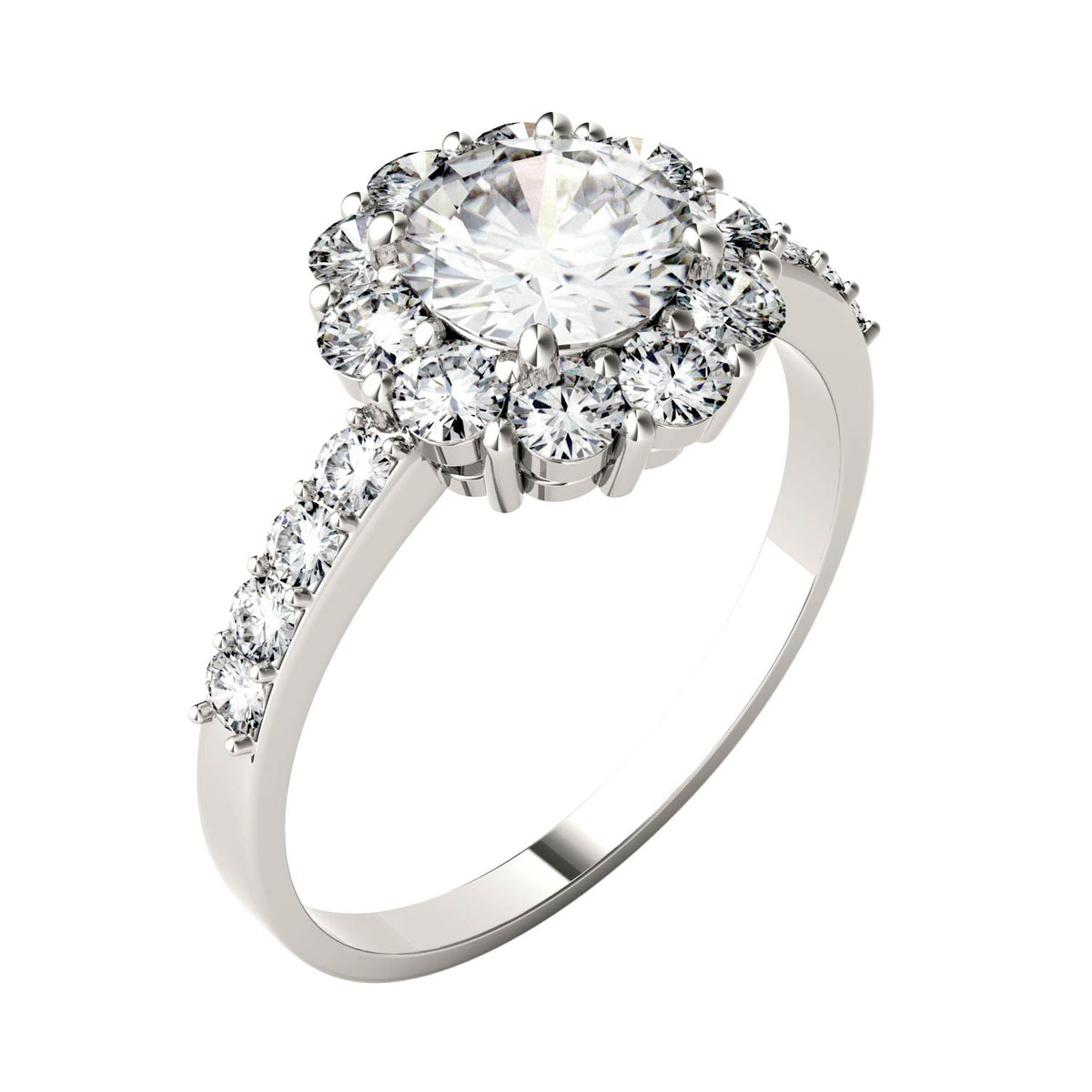 1.78 CTW DEW Round Moissanite Flower Halo Engagement Ring in 14K White Gold