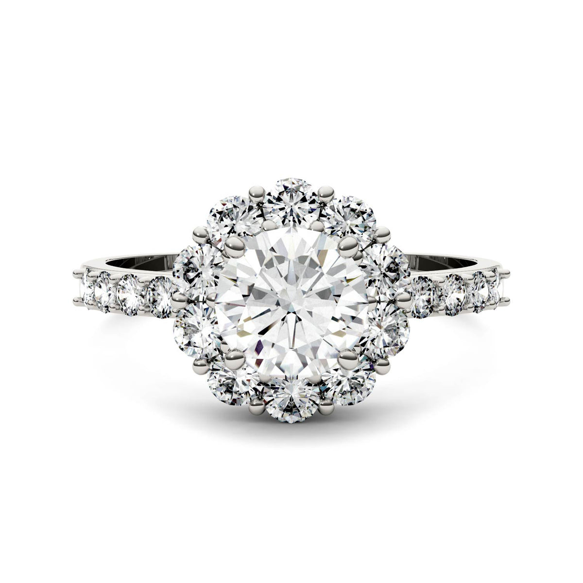 1.78 CTW DEW Round Moissanite Flower Halo Engagement Ring in 14K White Gold