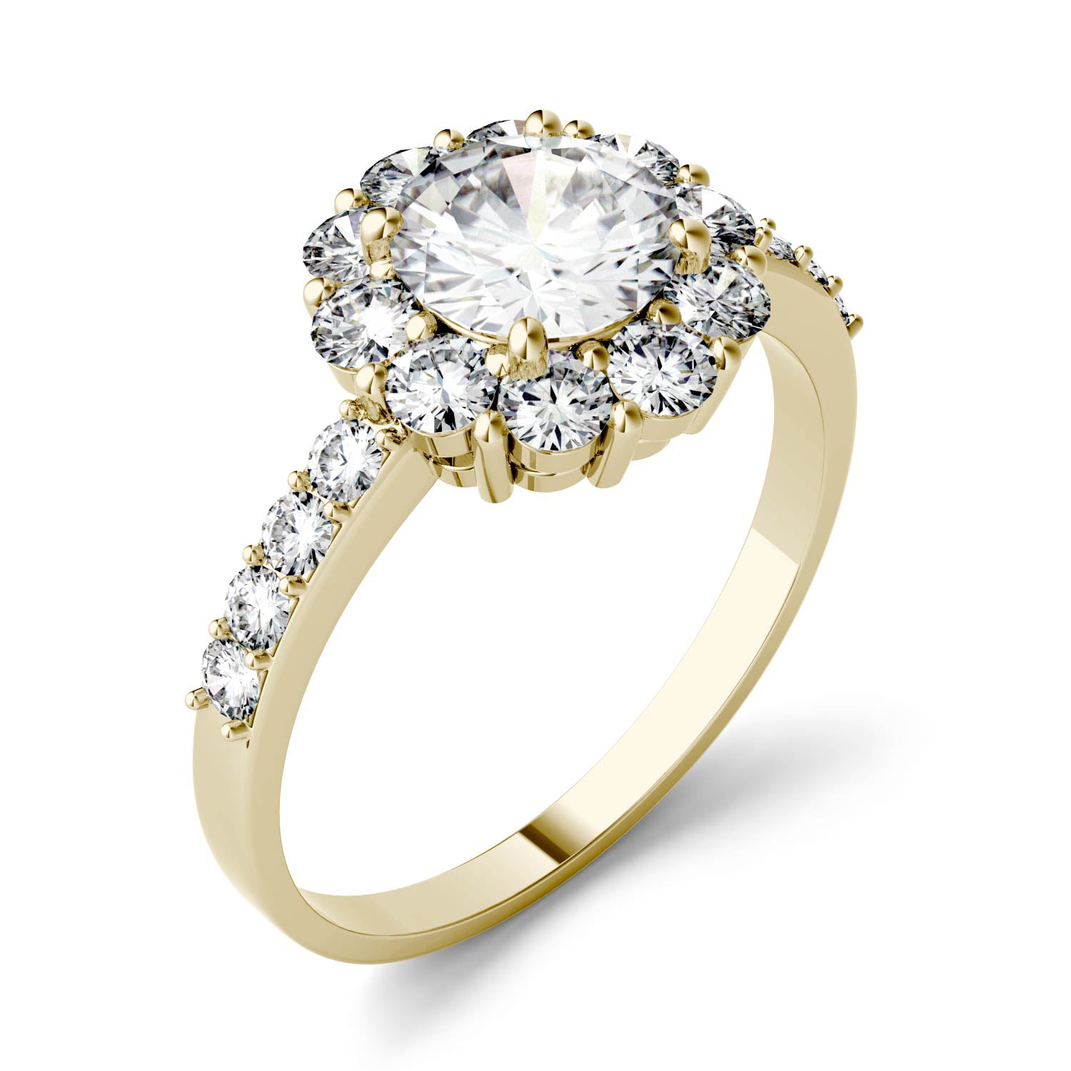 1.78 CTW DEW Round Moissanite Halo Engagement Ring in 14K Yellow Gold